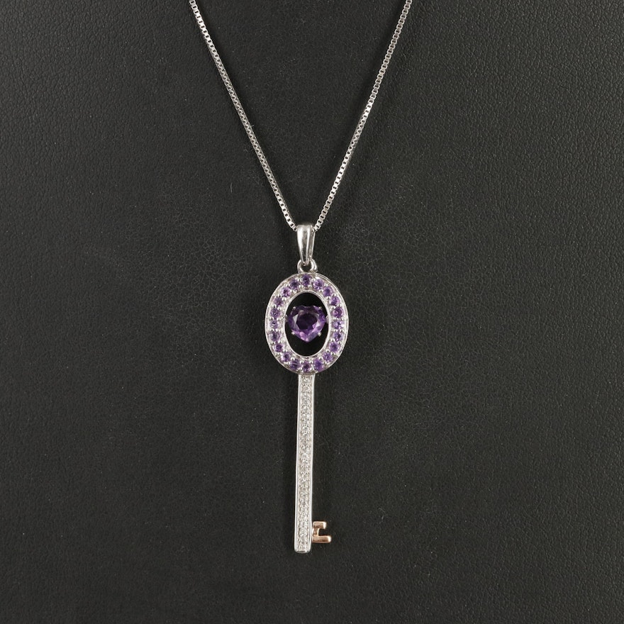 Amethyst and White Sapphire Key Tremble Necklace with 10K Rose Gold Accents