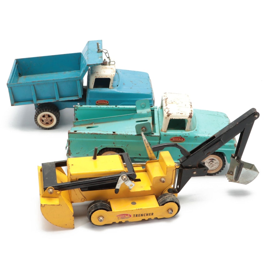 Tonka Trencher with Diecast Metal Toy Pickup Trucks, Mid to Late 20th Century