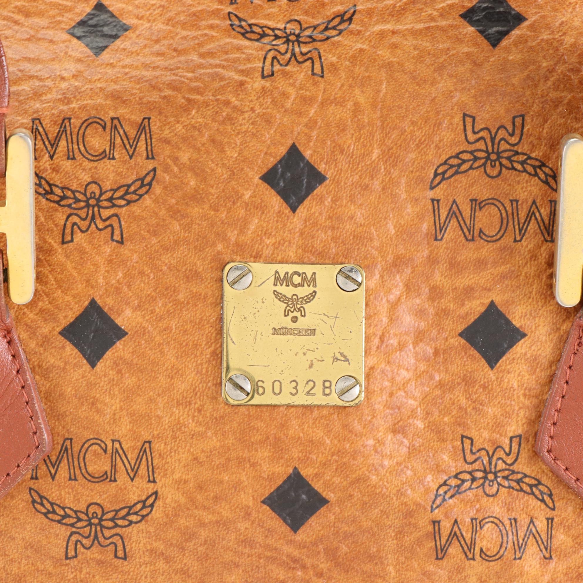 MCM München Boston Bag in Cognac Monogram Visetos Canvas and Brown Leather