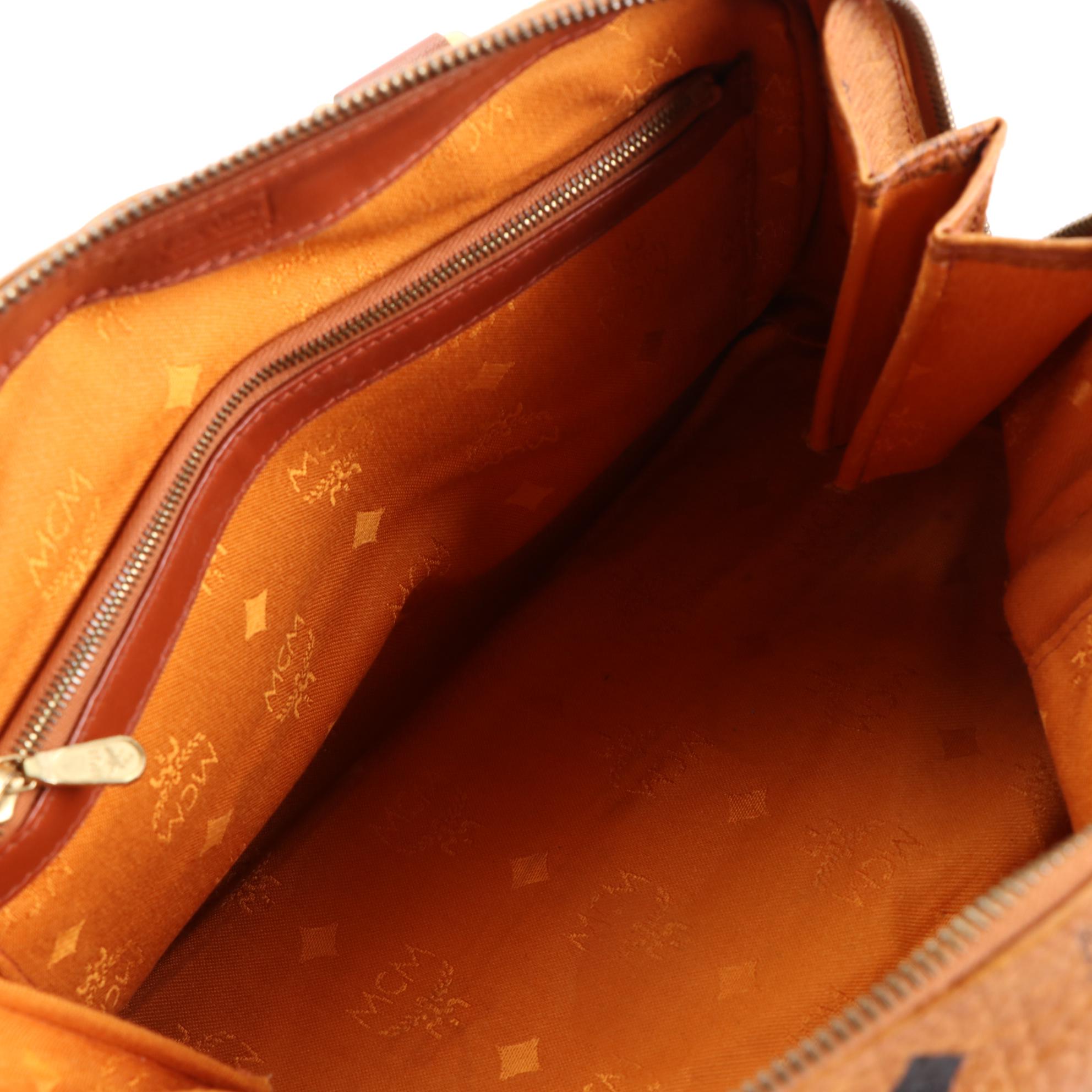 MCM München Boston Bag in Cognac Monogram Visetos Canvas and Brown Leather