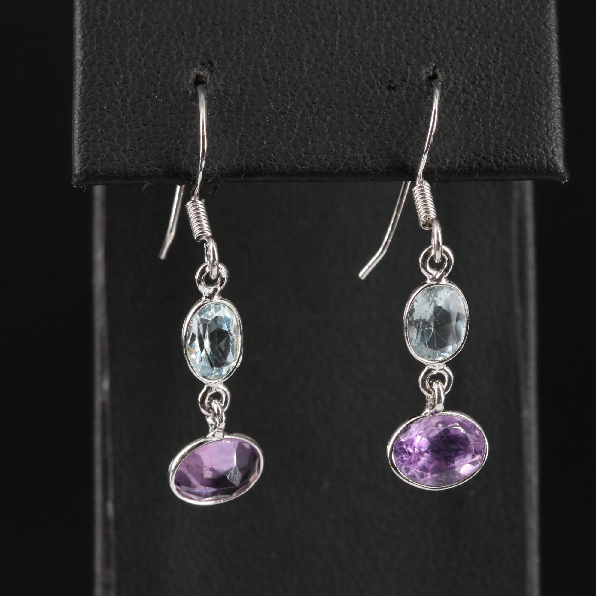 Sterling Blue Topaz and Amethyst Dangle Earrings