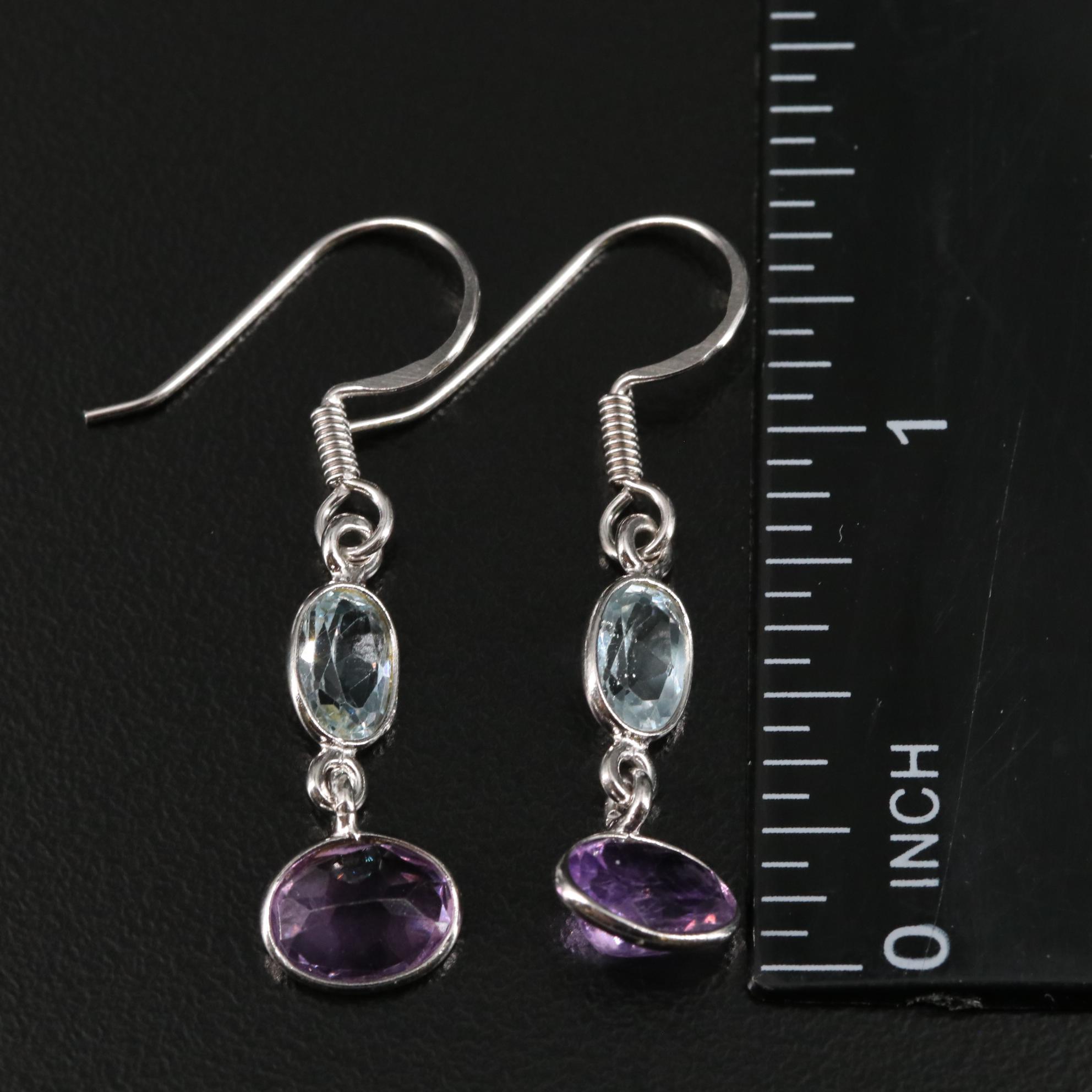 Sterling Blue Topaz and Amethyst Dangle Earrings