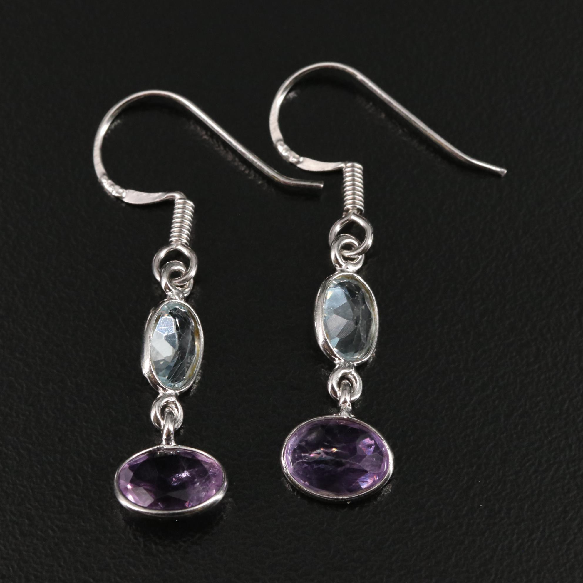 Sterling Blue Topaz and Amethyst Dangle Earrings