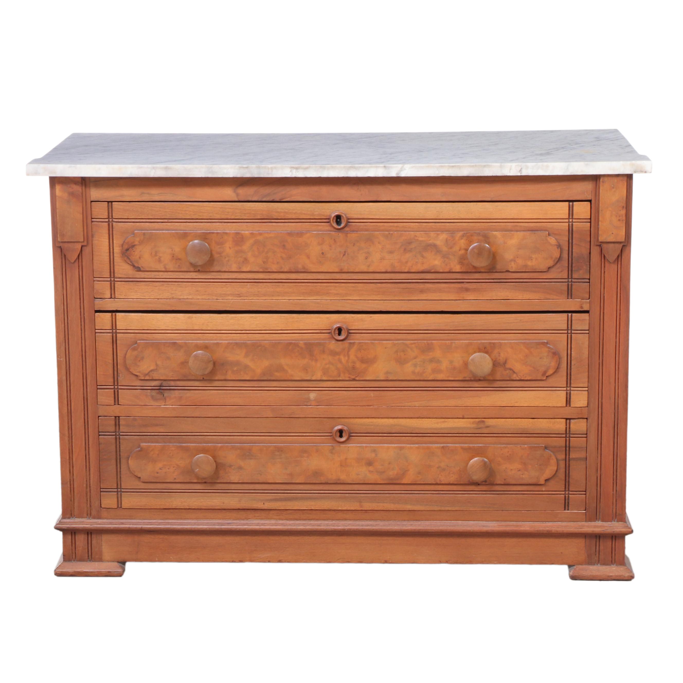 Victorian Walnut, Burl Walnut, and White Marble Three-Drawer Chest