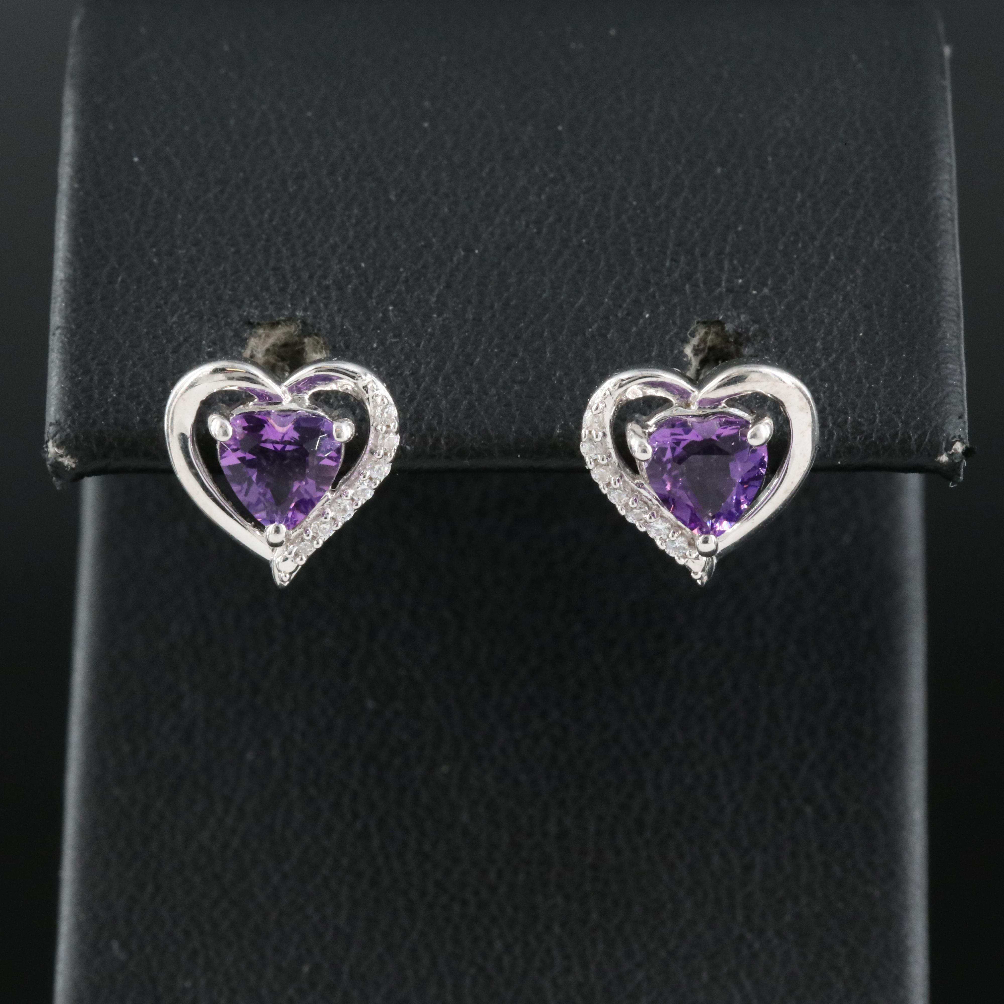 Sterling Amethyst and Cubic Zirconia Heart Earrings