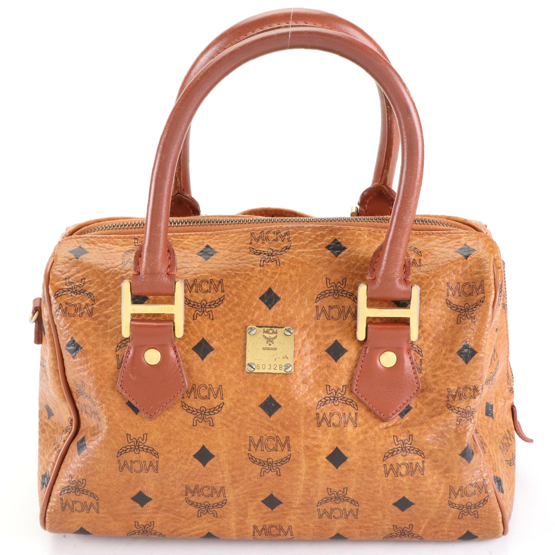 MCM München Boston Bag in Cognac Monogram Visetos Canvas and Brown Leather