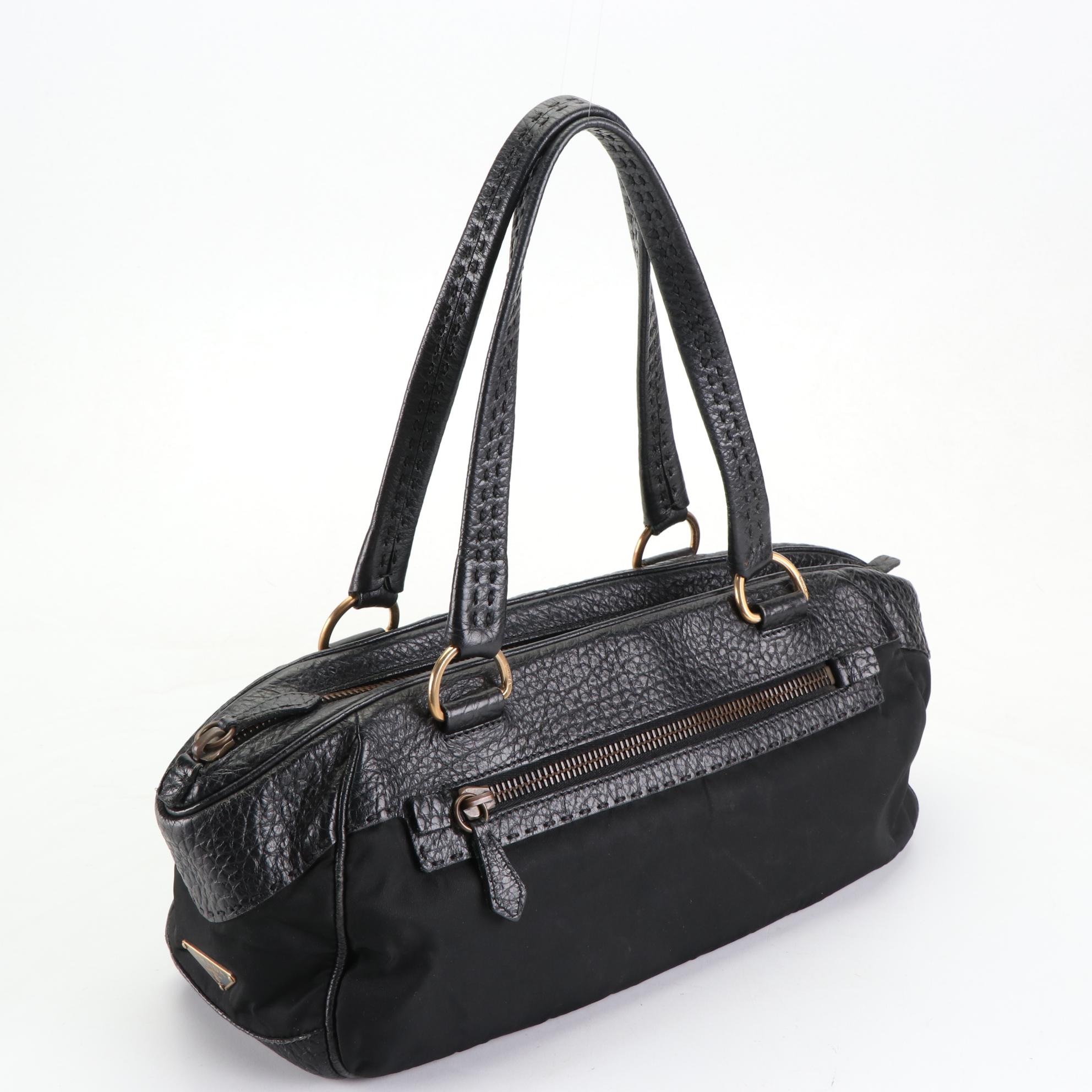 Prada Shoulder Bag in Tessuto Nylon and Black Leather