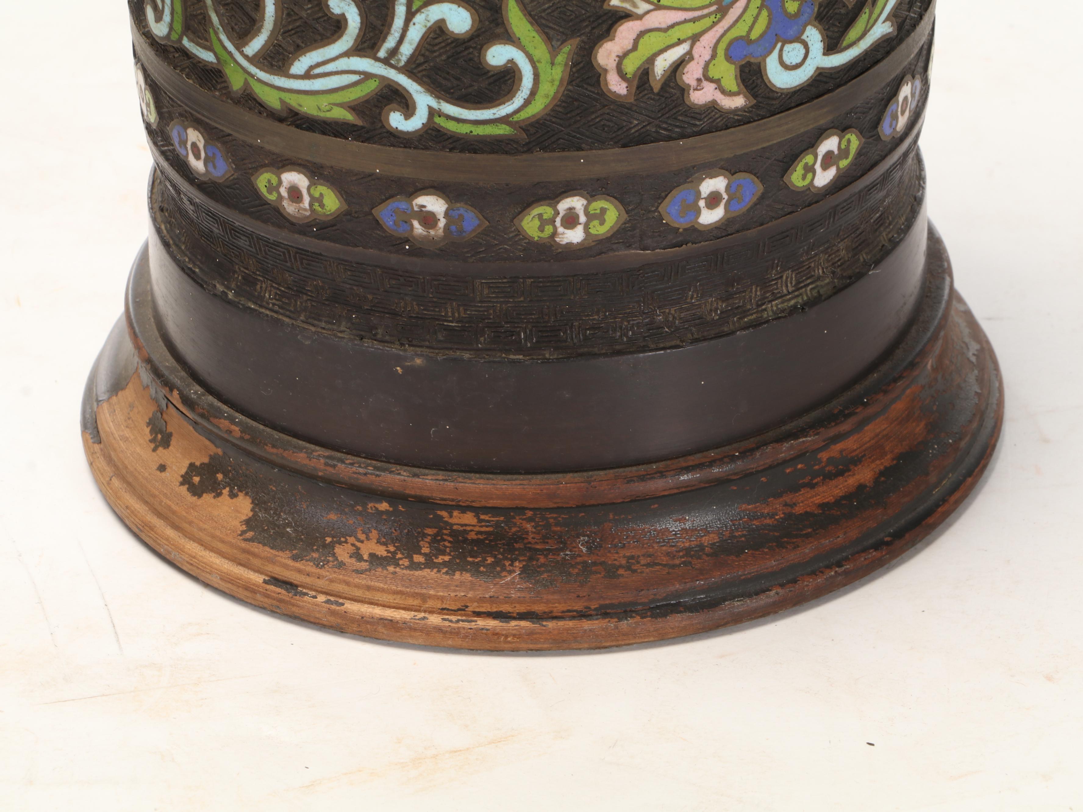 Frederick Cooper Japanese Champlevé Bronze Mallet-Shaped Vase Table Lamps