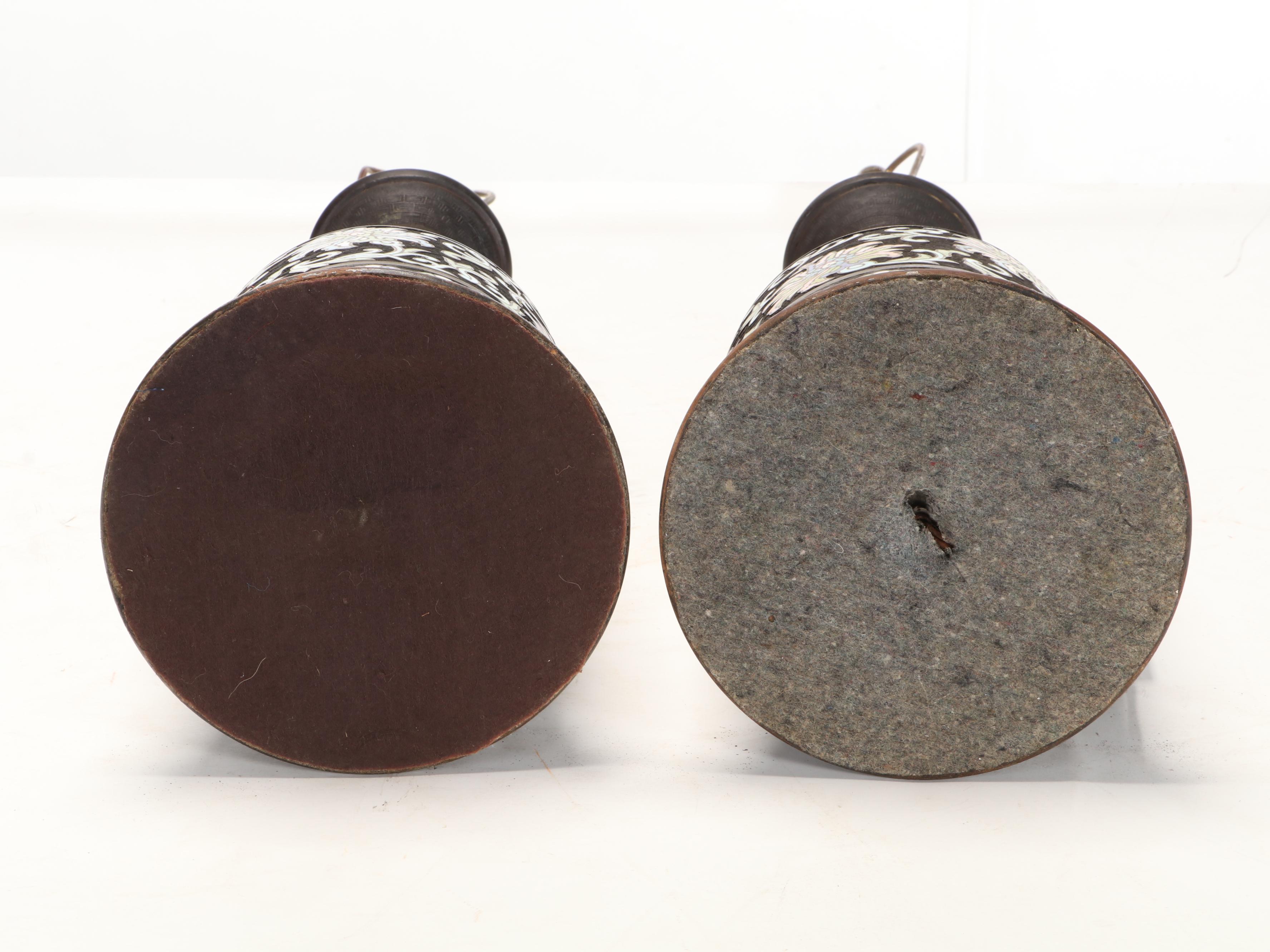Frederick Cooper Japanese Champlevé Bronze Mallet-Shaped Vase Table Lamps