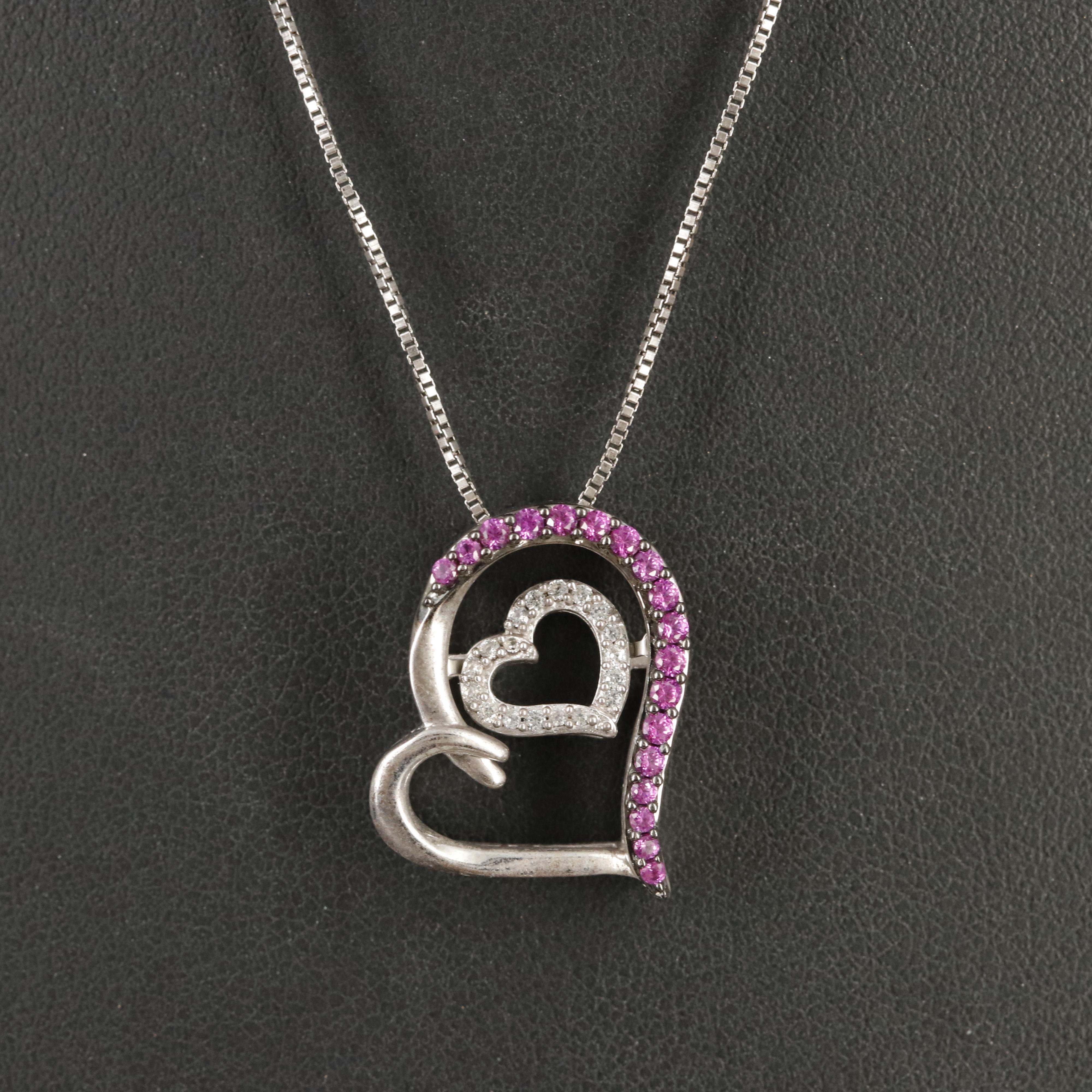 Sterling Ruby and White Sapphire Heart Tremble Pendant Necklace