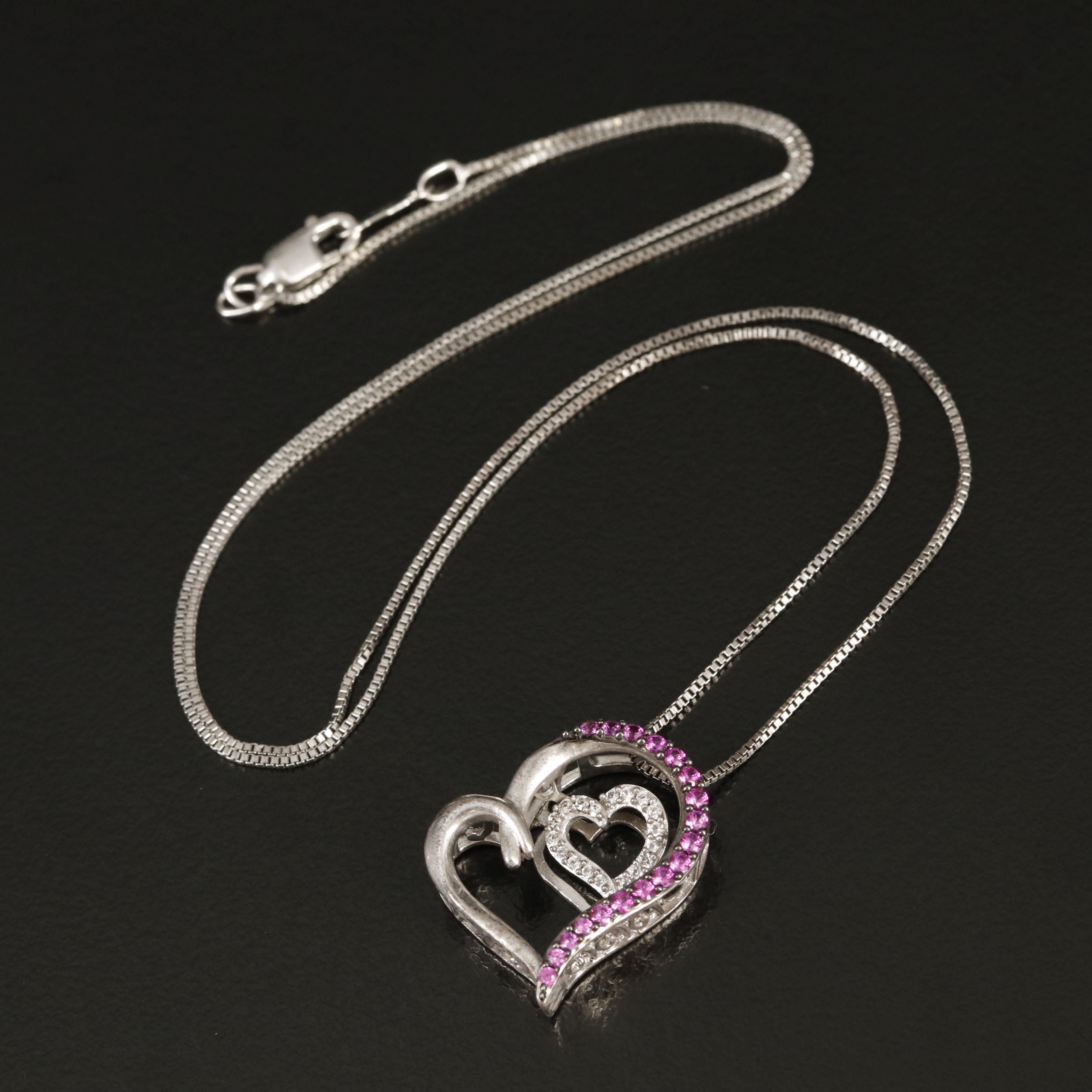 Sterling Ruby and White Sapphire Heart Tremble Pendant Necklace