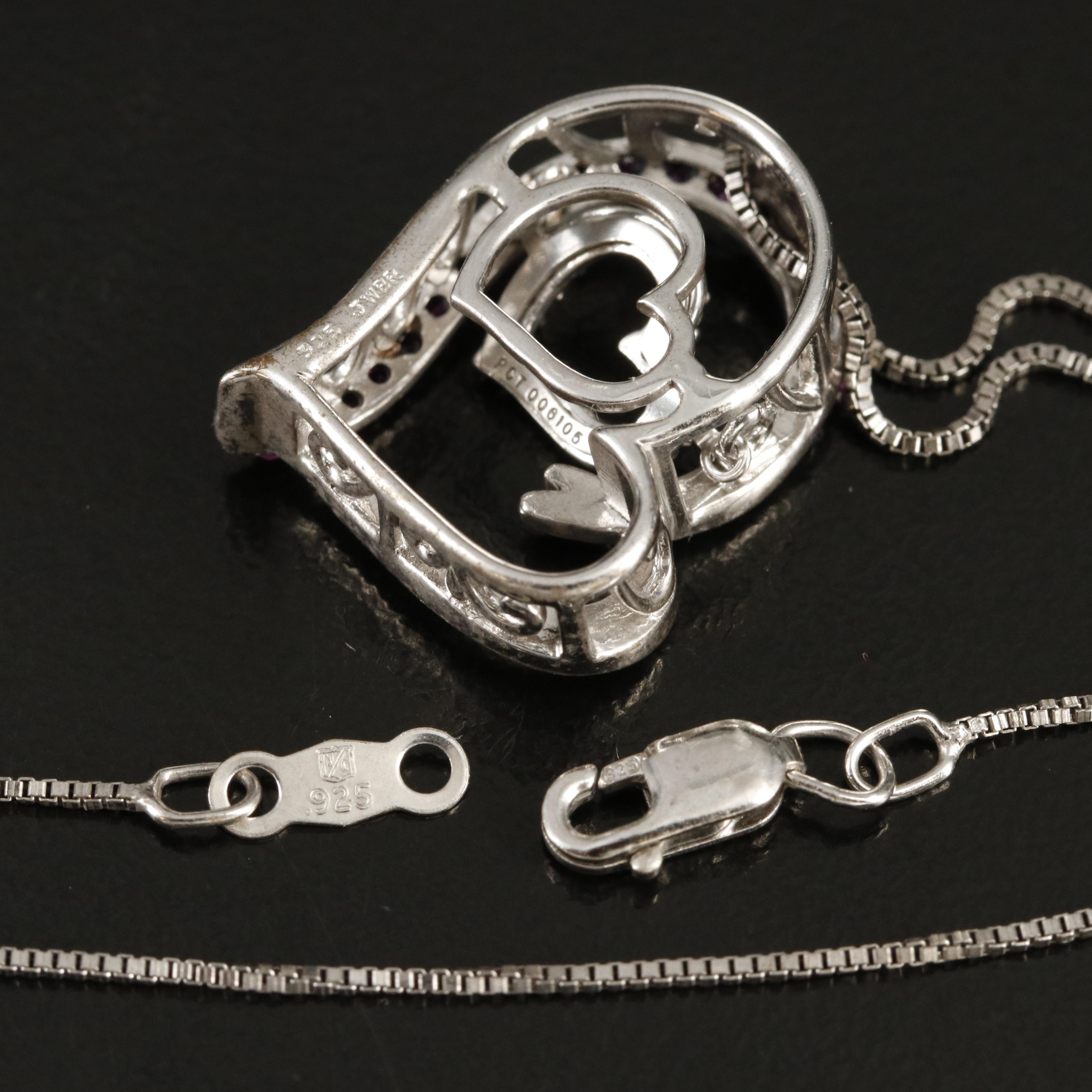 Sterling Ruby and White Sapphire Heart Tremble Pendant Necklace