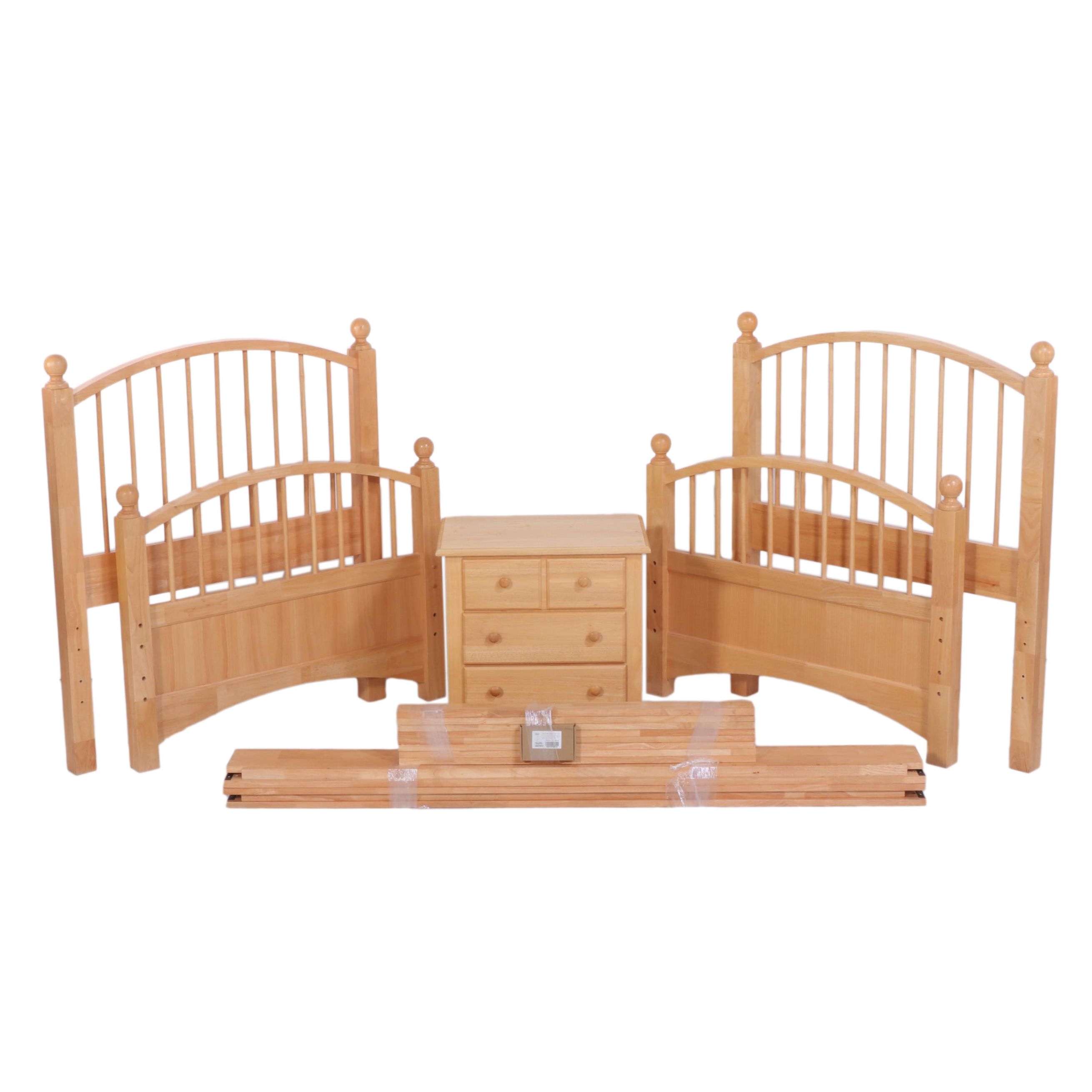 Pair of Contemporary Rubberwood Twin Bed Frames with Nightstand
