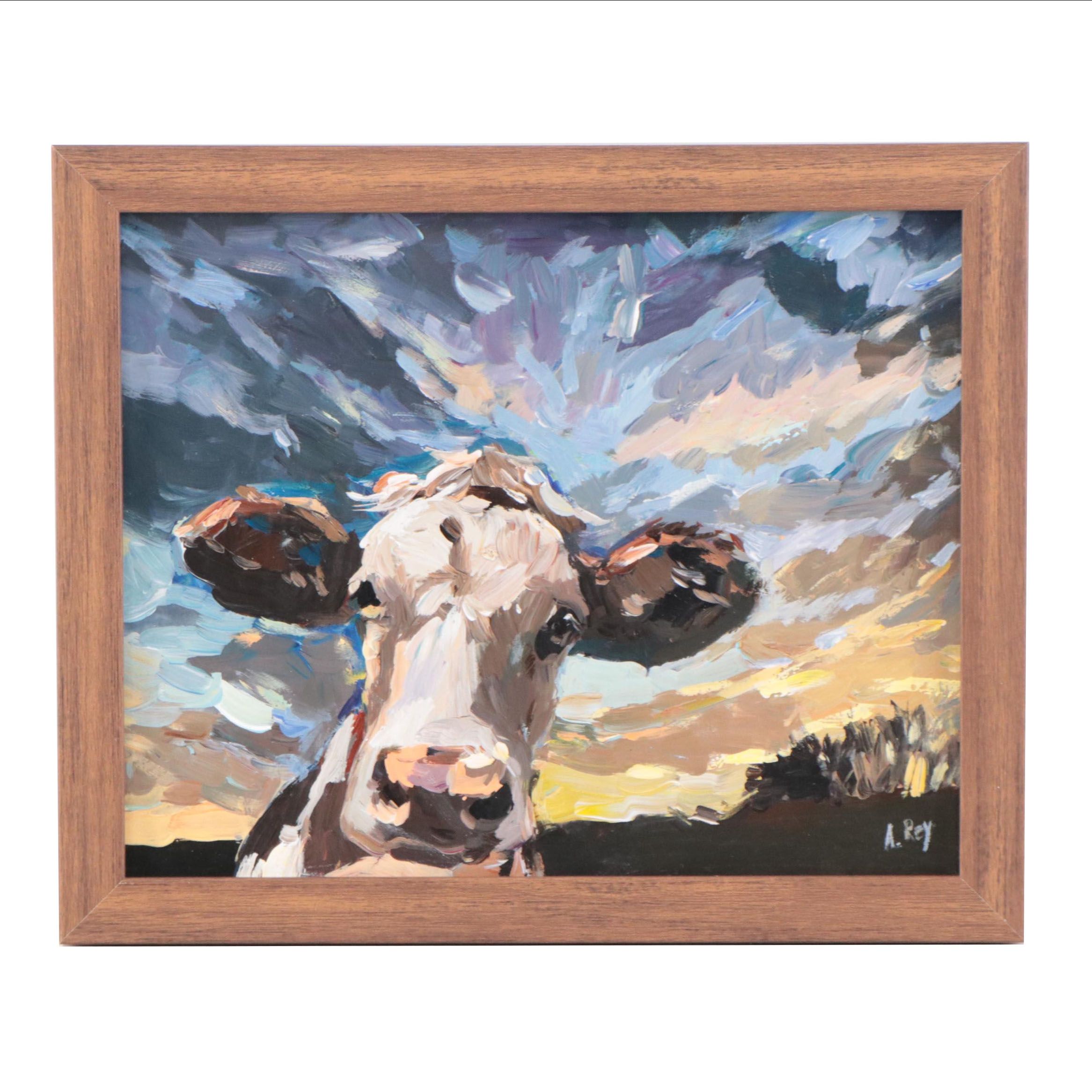 Agnes Rey Cow Portrait Oil Painting "Head in the Clouds," 2023