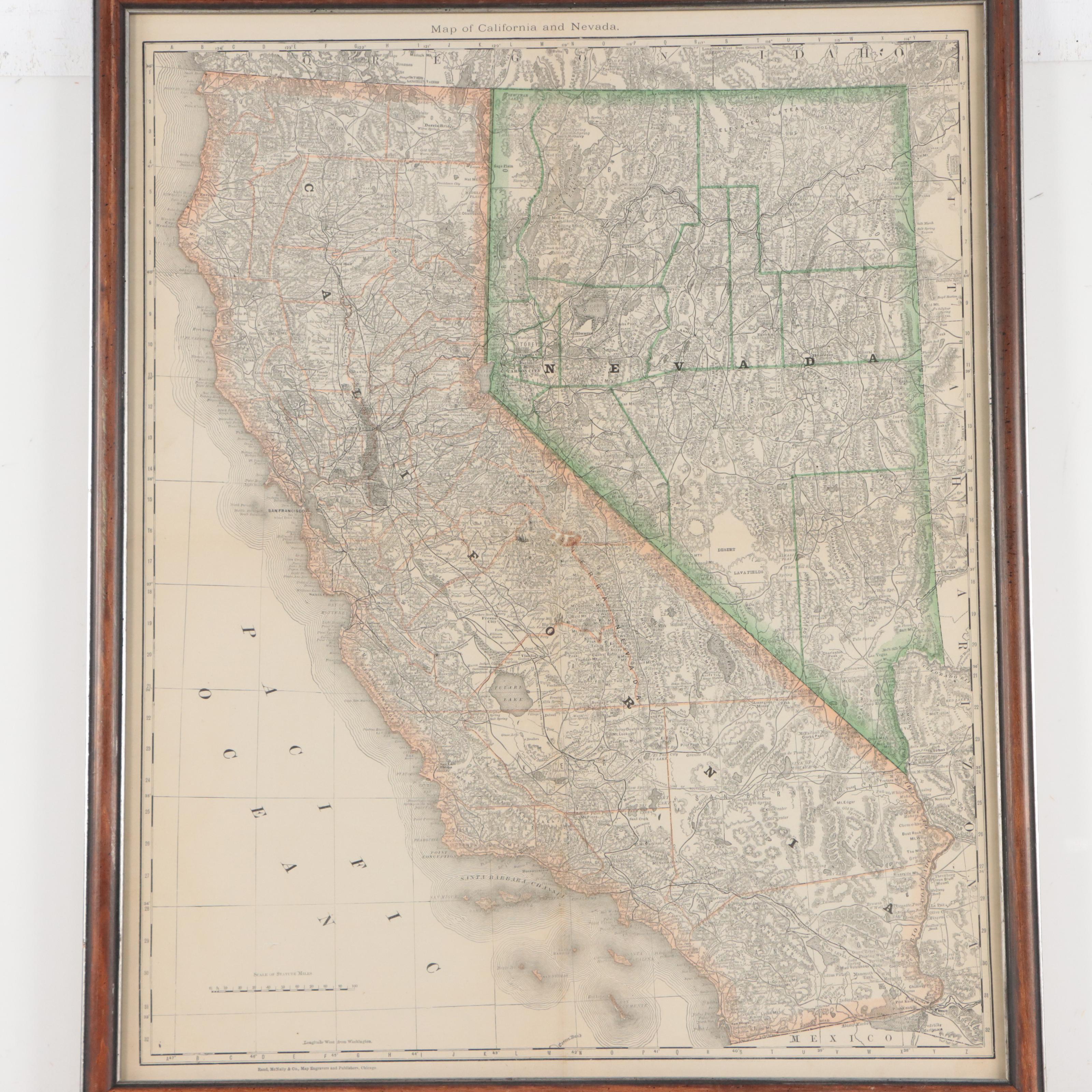 Rand, McNally & Co. Wax Engraving "Map of California and Nevada," 1875