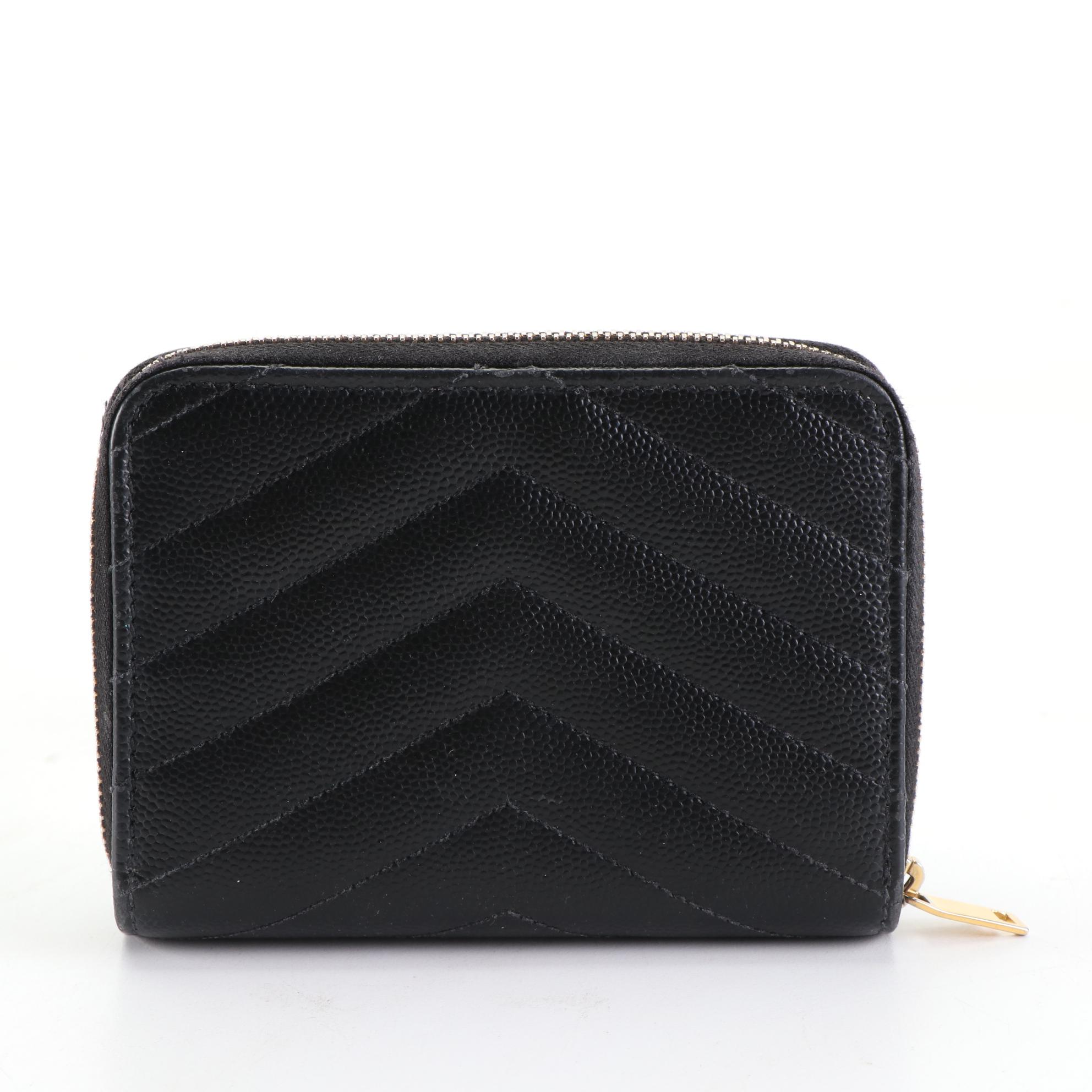 Saint Laurent Compact Zip Around Wallet in Black Chevron Grain de Poudre Leather
