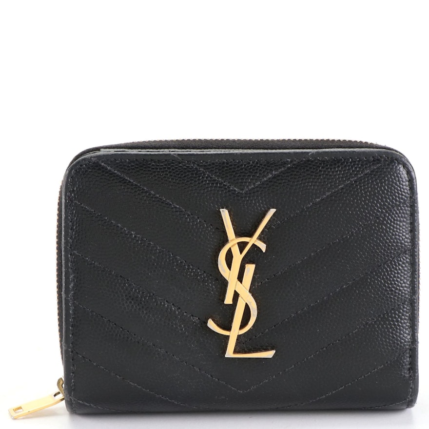 Saint Laurent Compact Zip Around Wallet in Black Chevron Grain de Poudre Leather