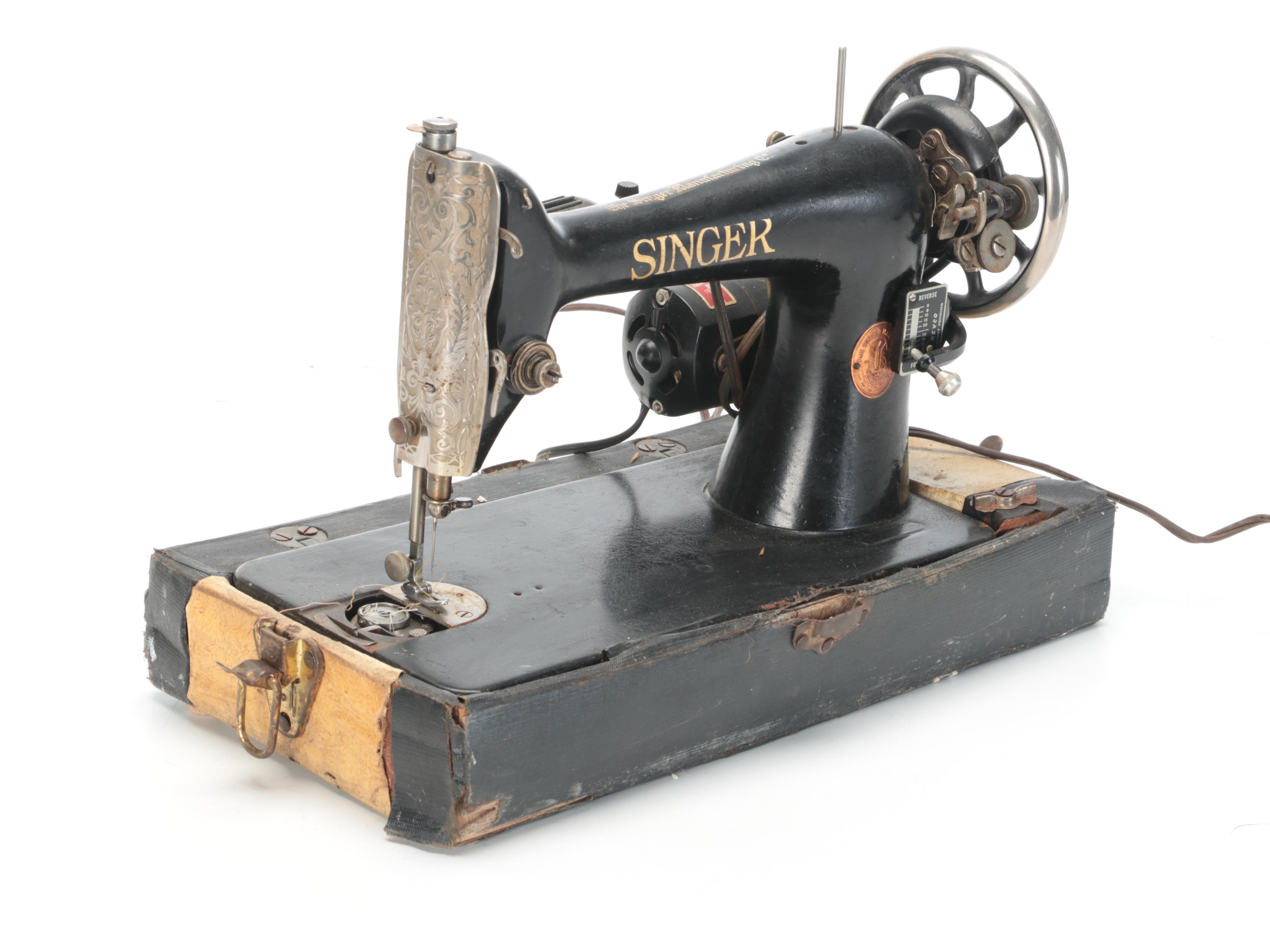 Singer Electric Sewing Machine with Cabinet Mount, Pedal, Early to Mid 20th C.
