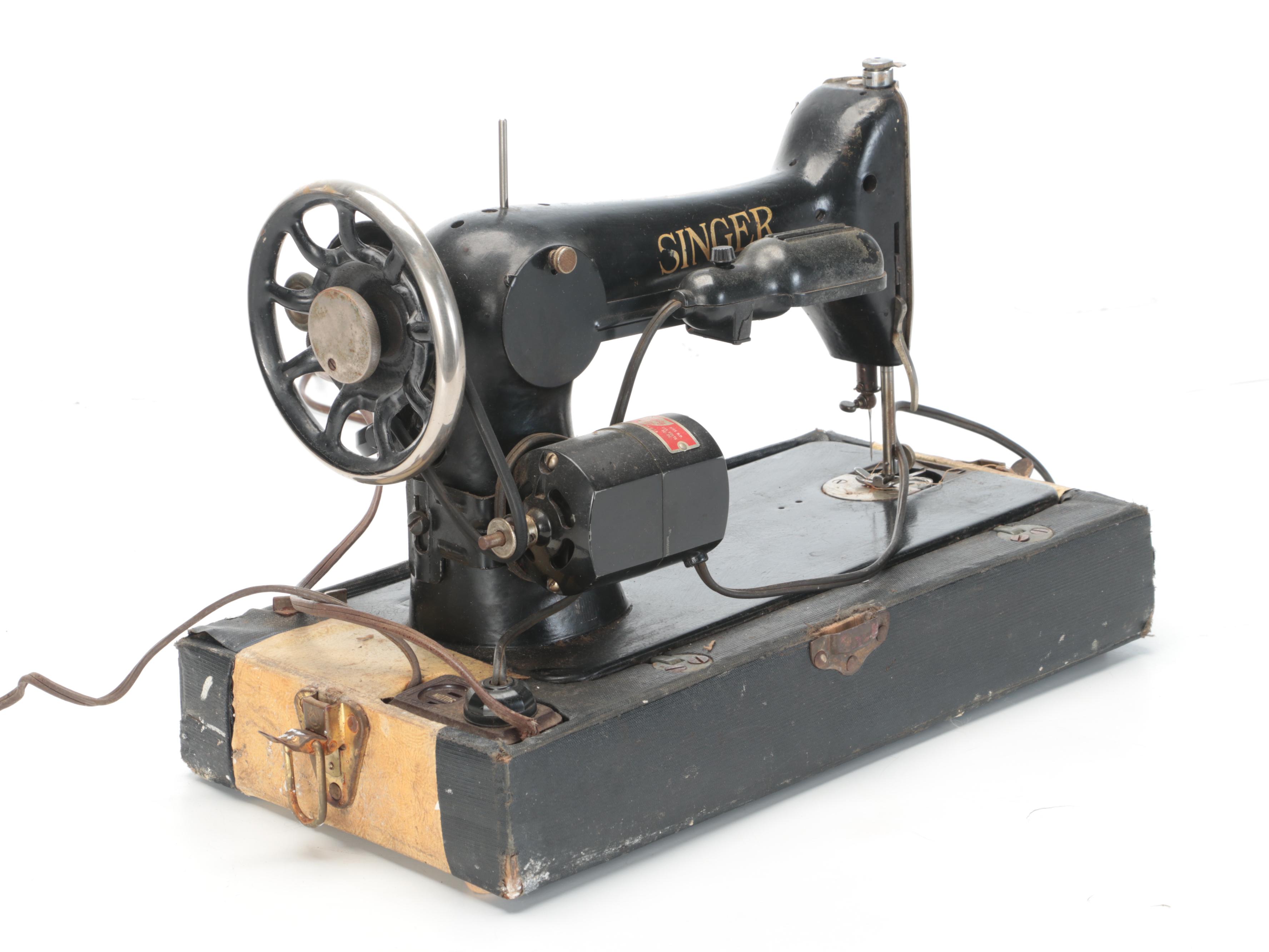 Singer Electric Sewing Machine with Cabinet Mount, Pedal, Early to Mid 20th C.