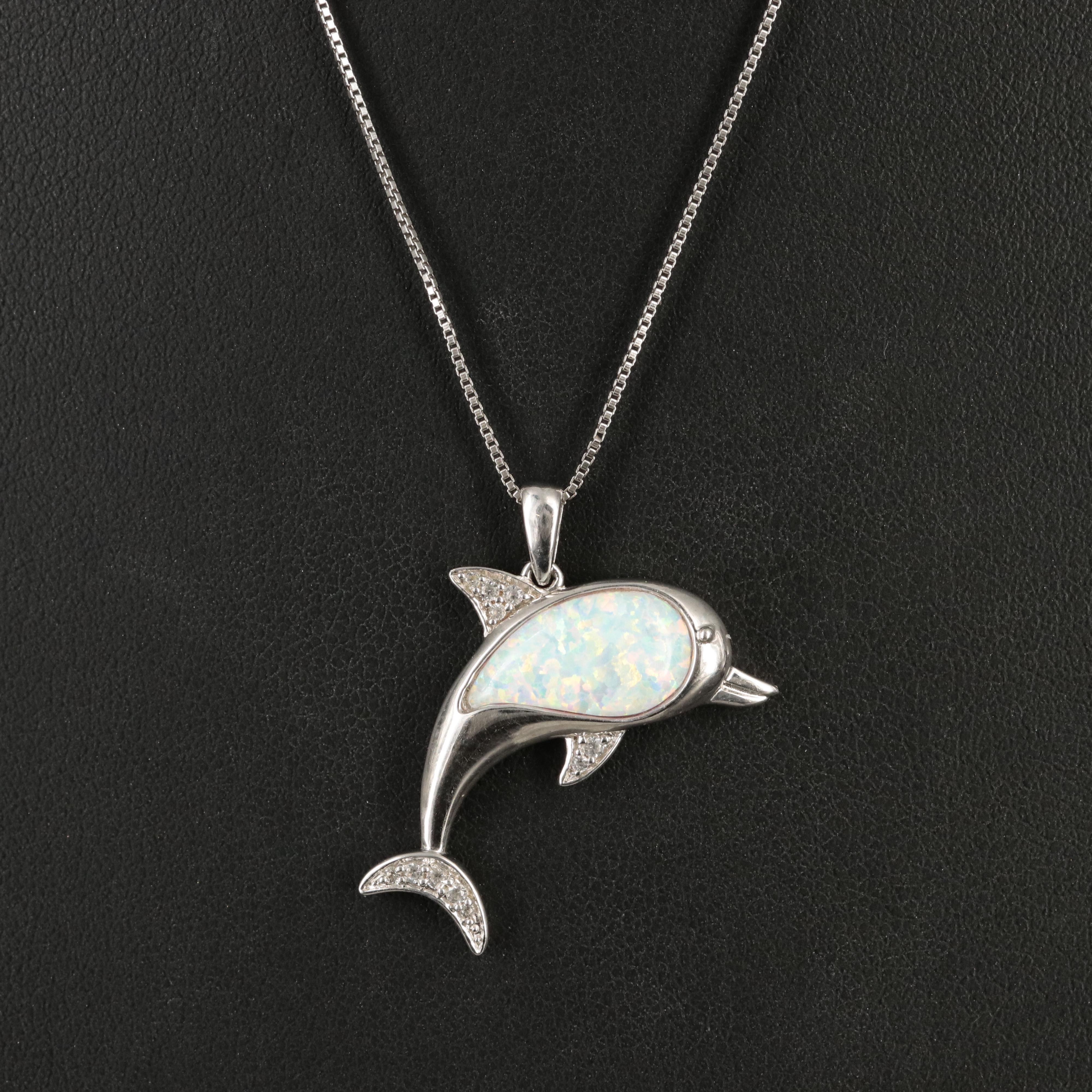 Sterling Lab Grown Opal and Sapphire Dolphin Necklace