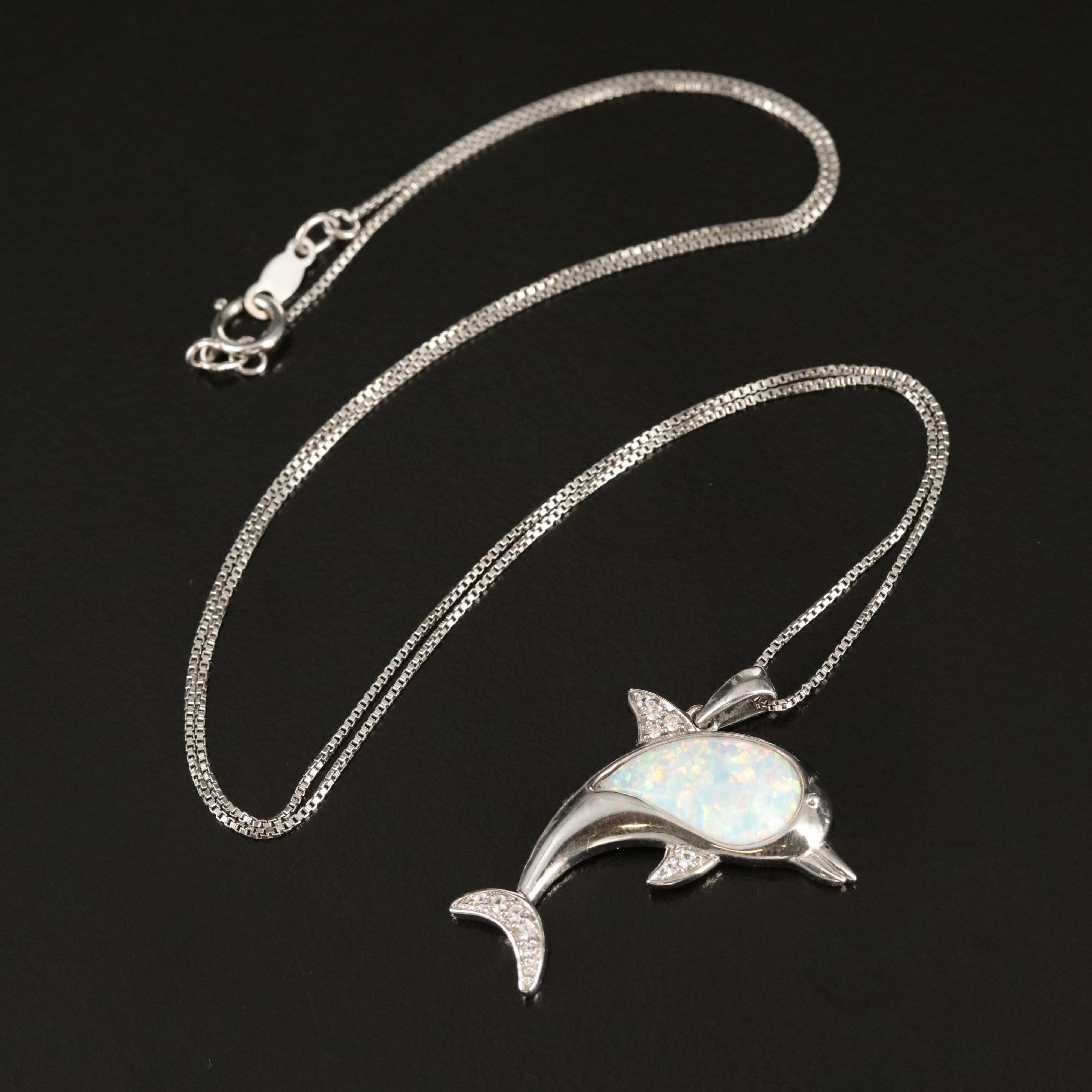 Sterling Lab Grown Opal and Sapphire Dolphin Necklace