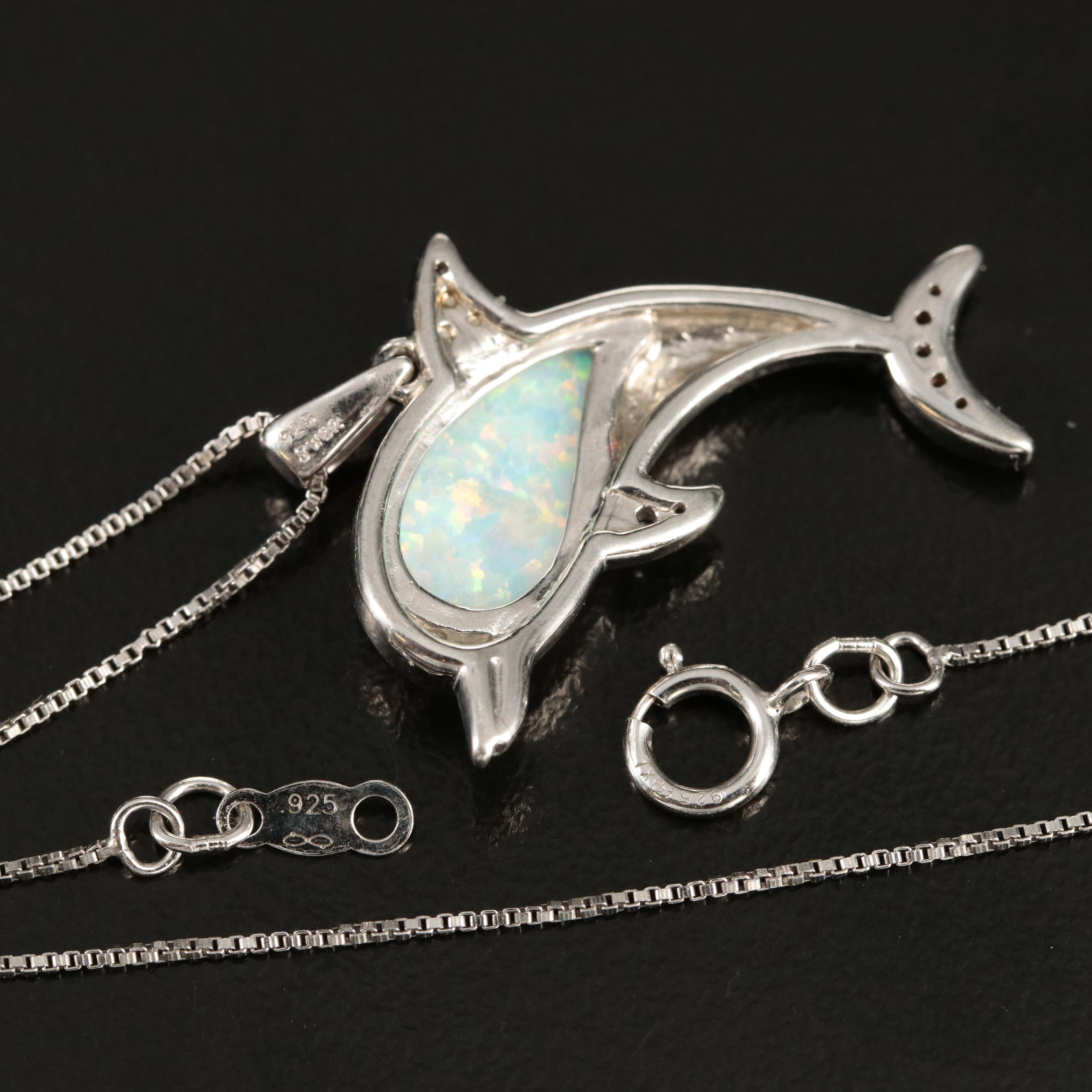 Sterling Lab Grown Opal and Sapphire Dolphin Necklace