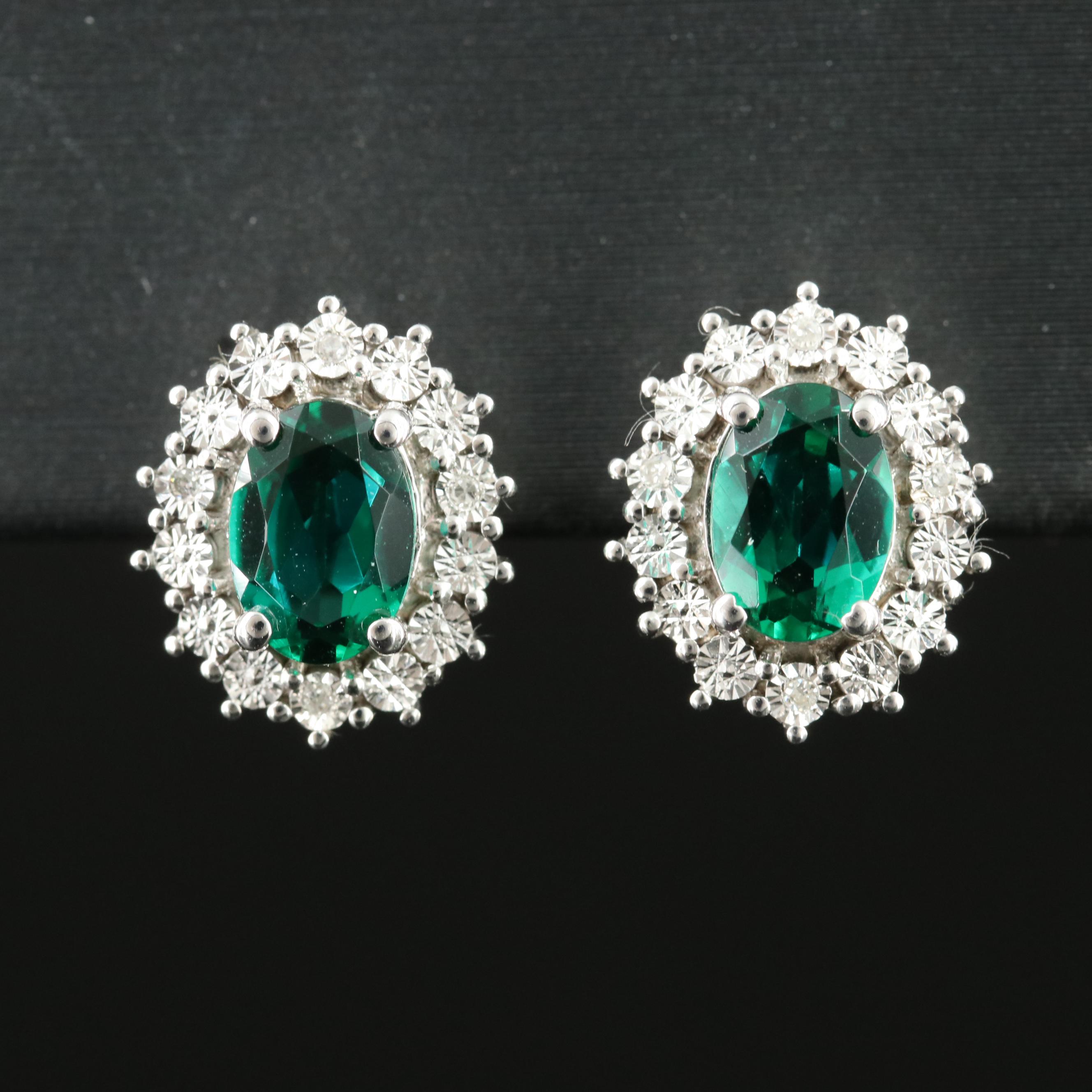 Sterling Emerald and Diamond Halo Earrings