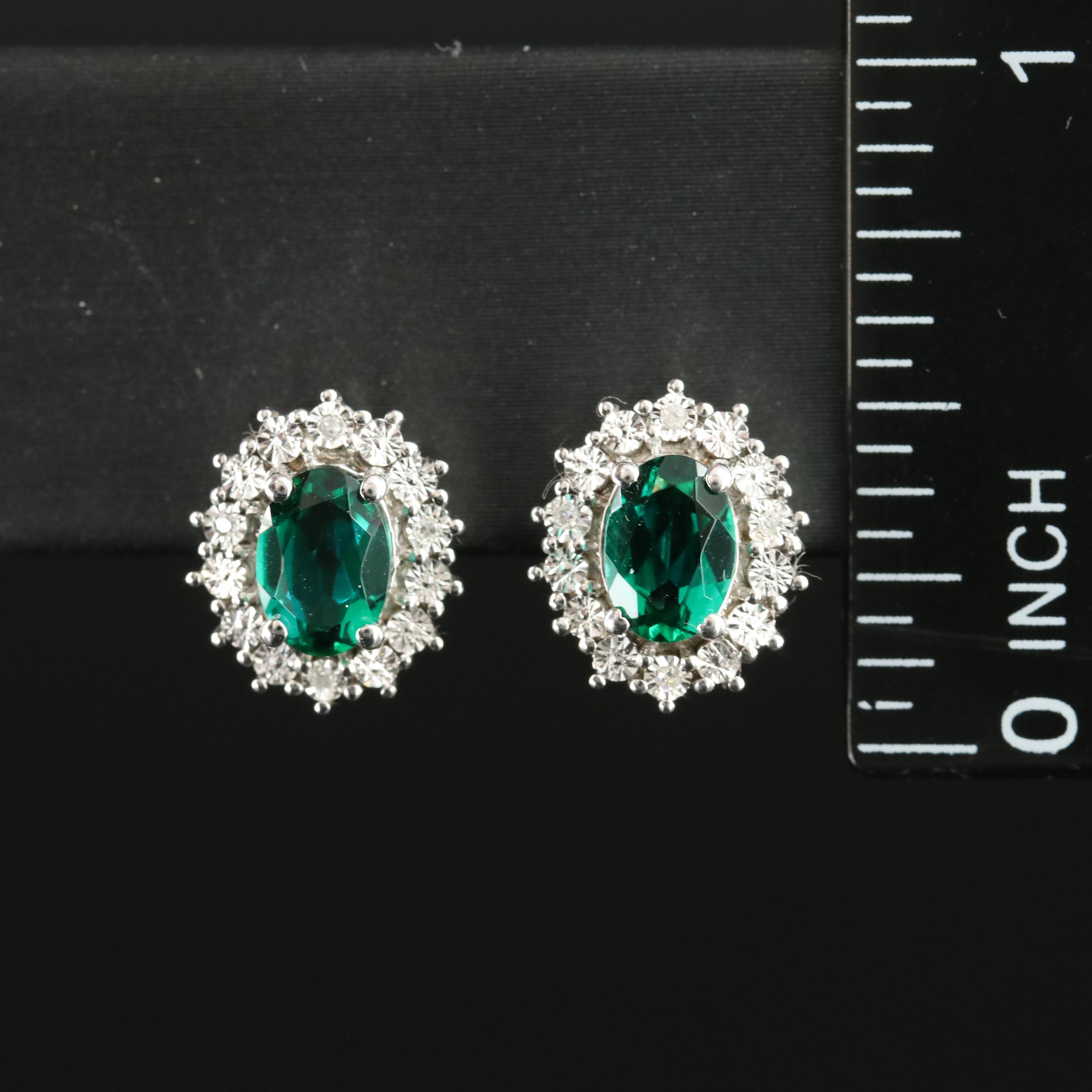 Sterling Emerald and Diamond Halo Earrings