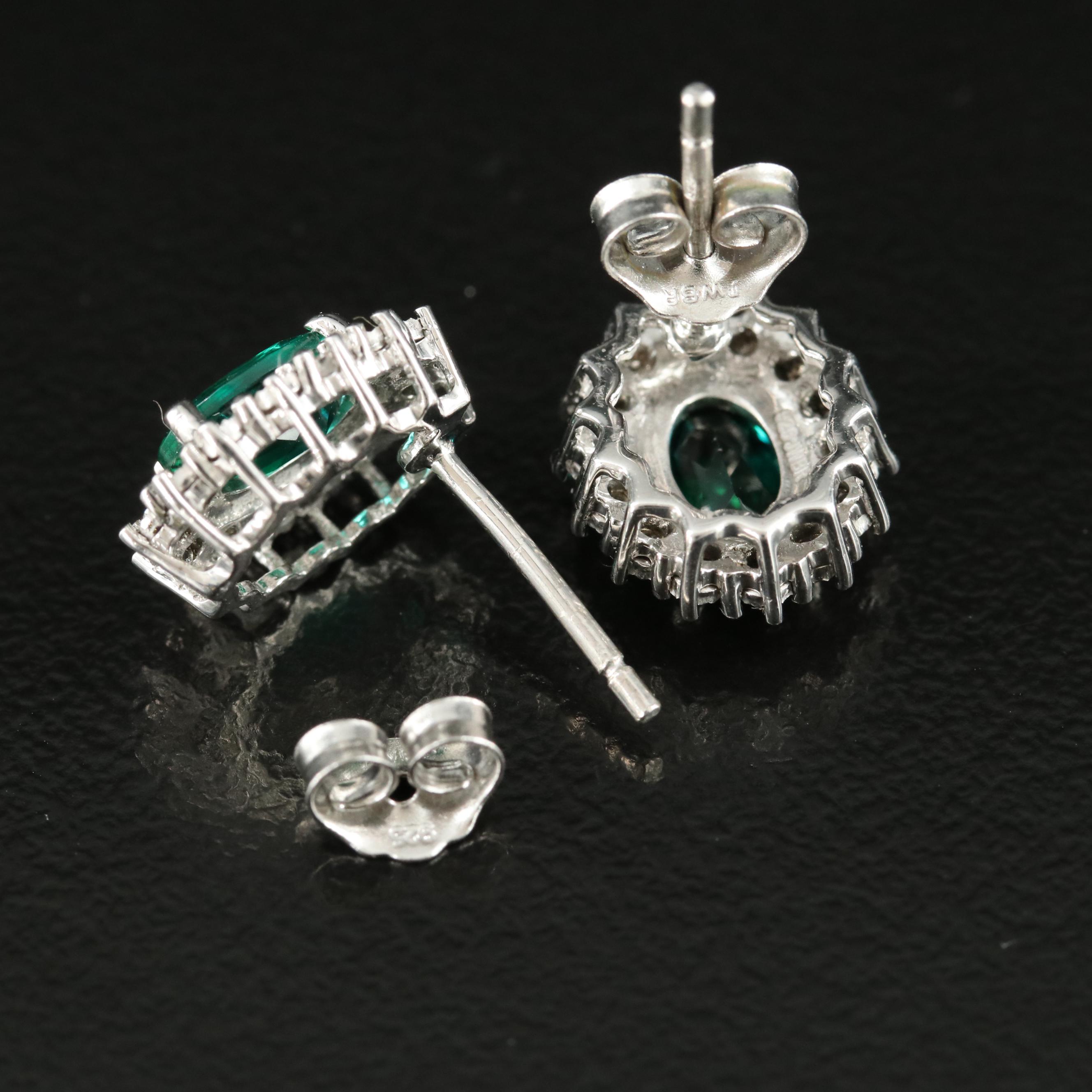 Sterling Emerald and Diamond Halo Earrings