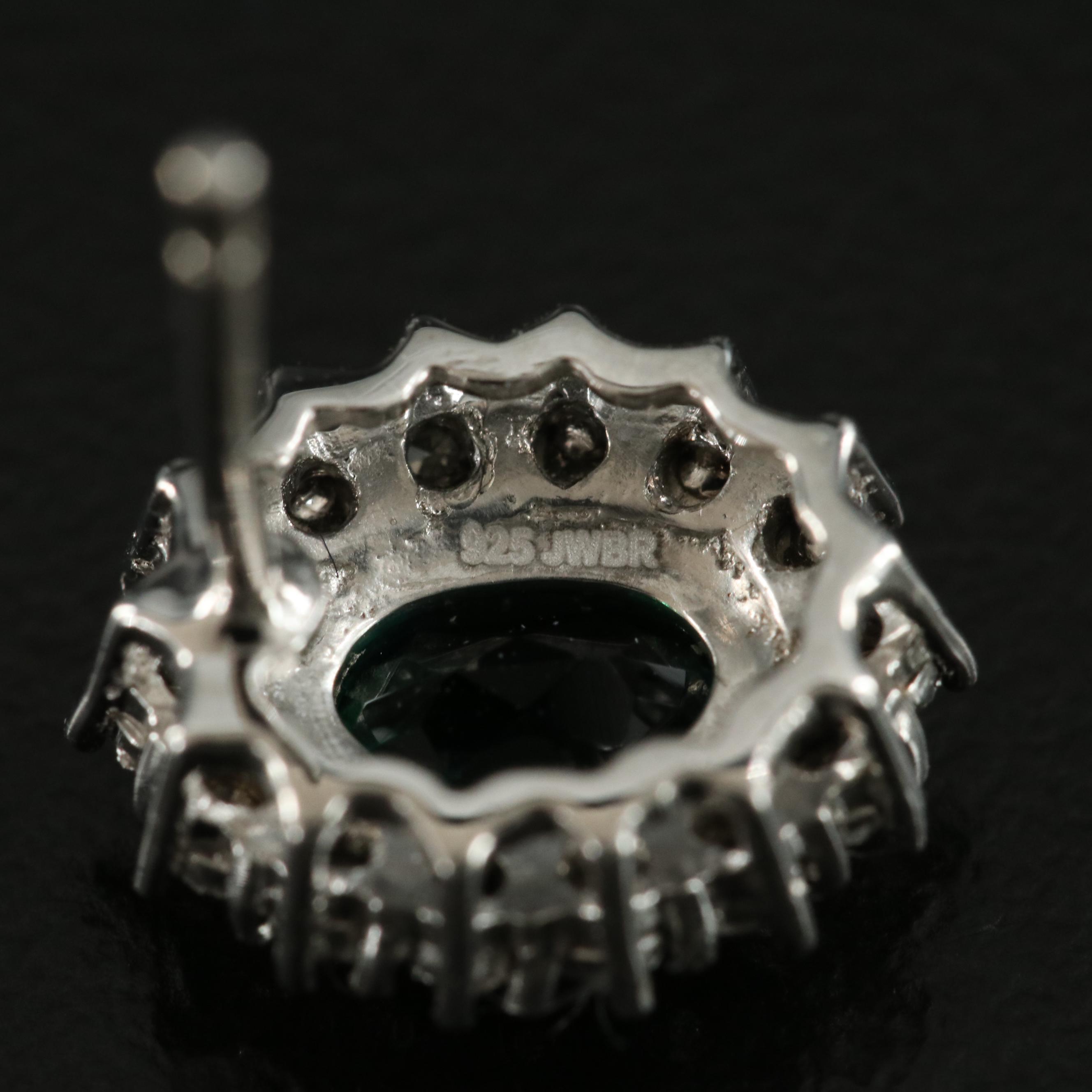 Sterling Emerald and Diamond Halo Earrings