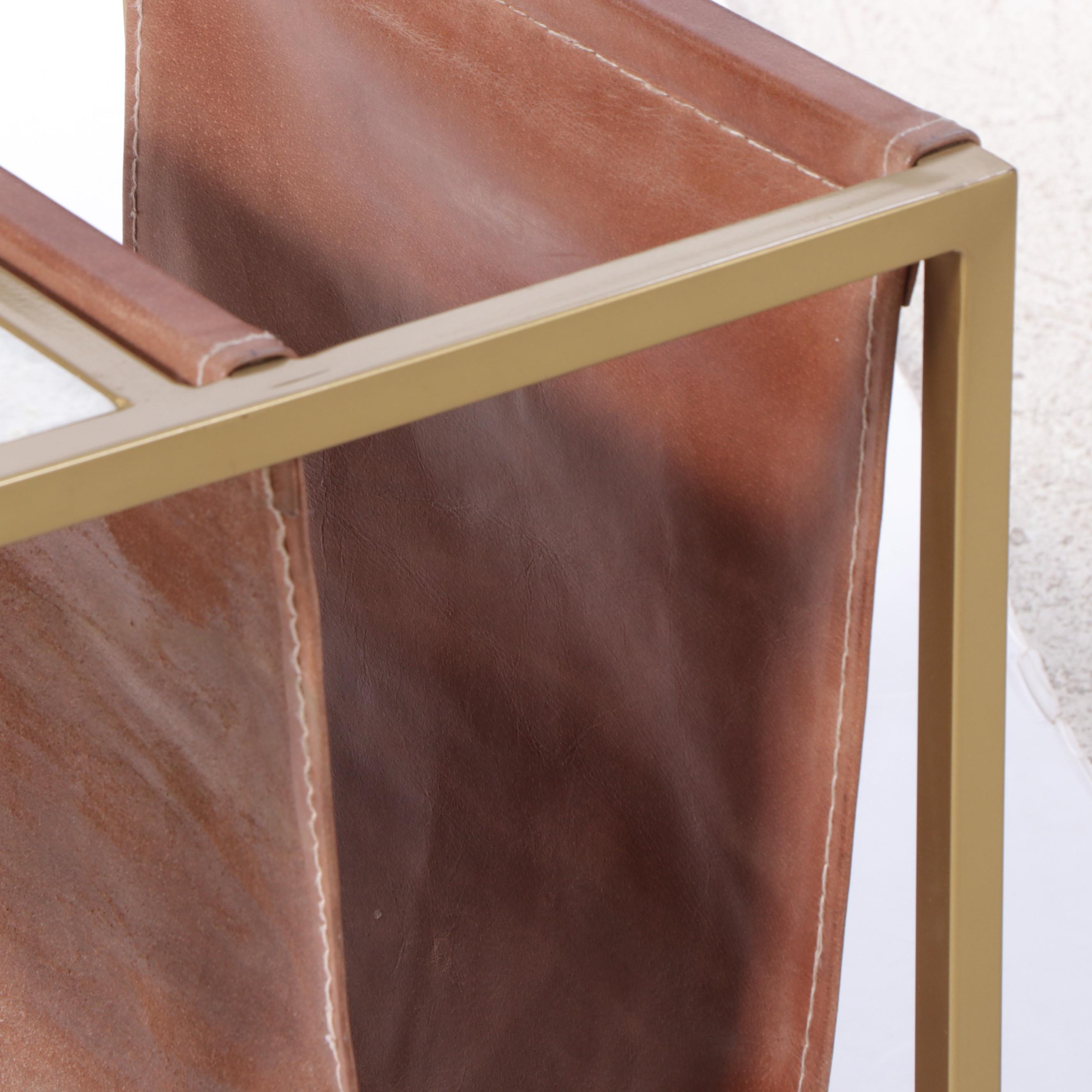 Gold Tone Metal Marble Top Side Table With Leather Magazine Sling