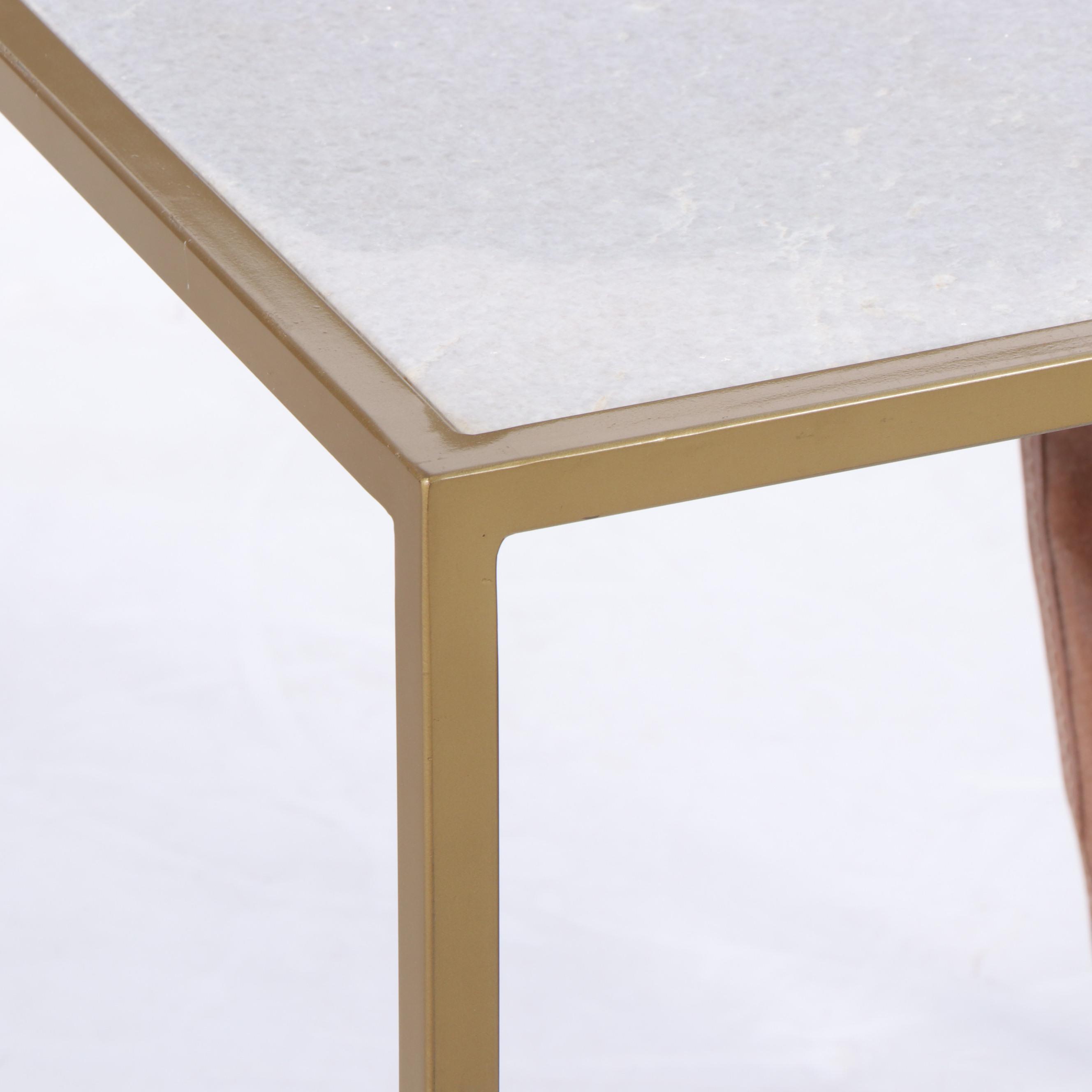 Gold Tone Metal Marble Top Side Table With Leather Magazine Sling