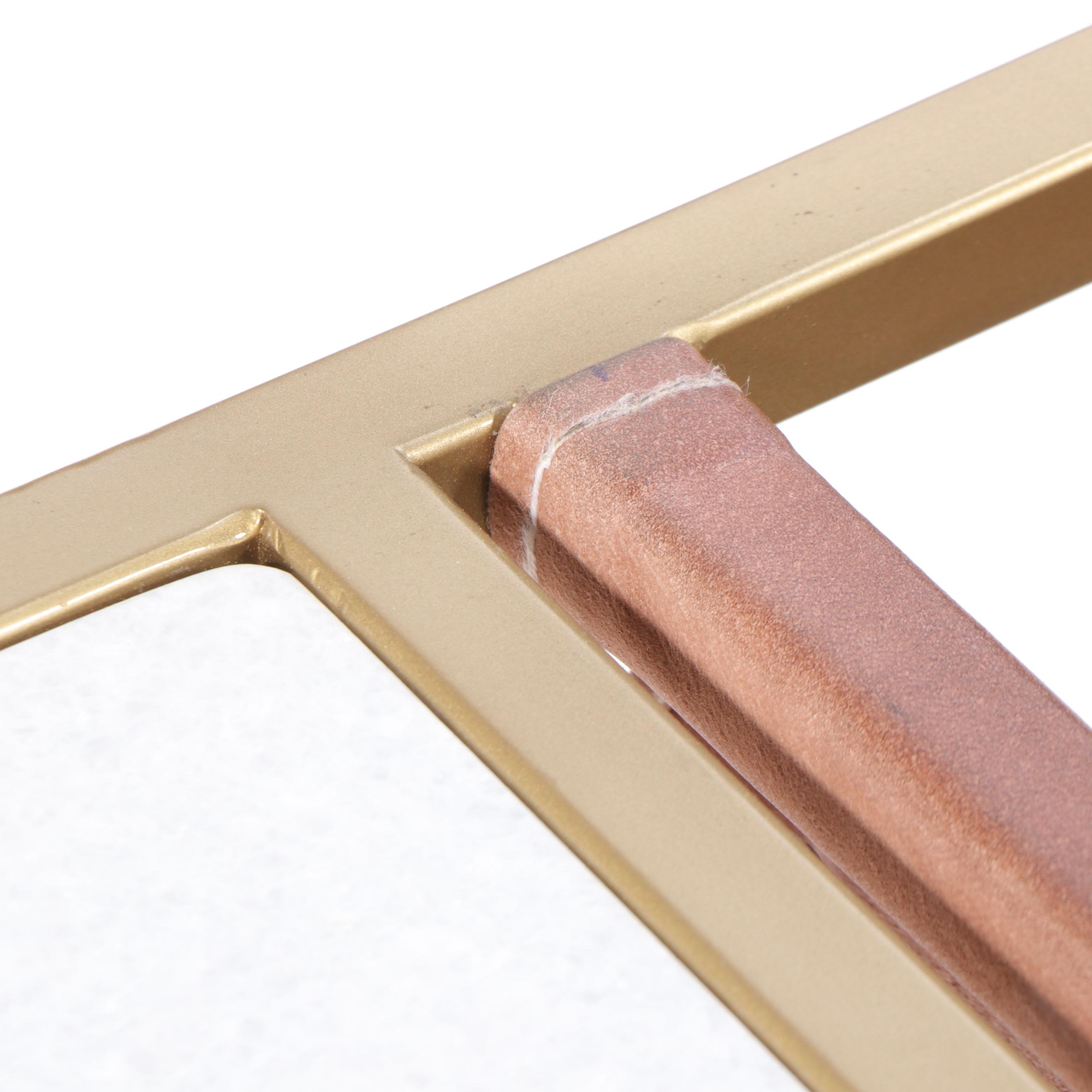 Gold Tone Metal Marble Top Side Table With Leather Magazine Sling