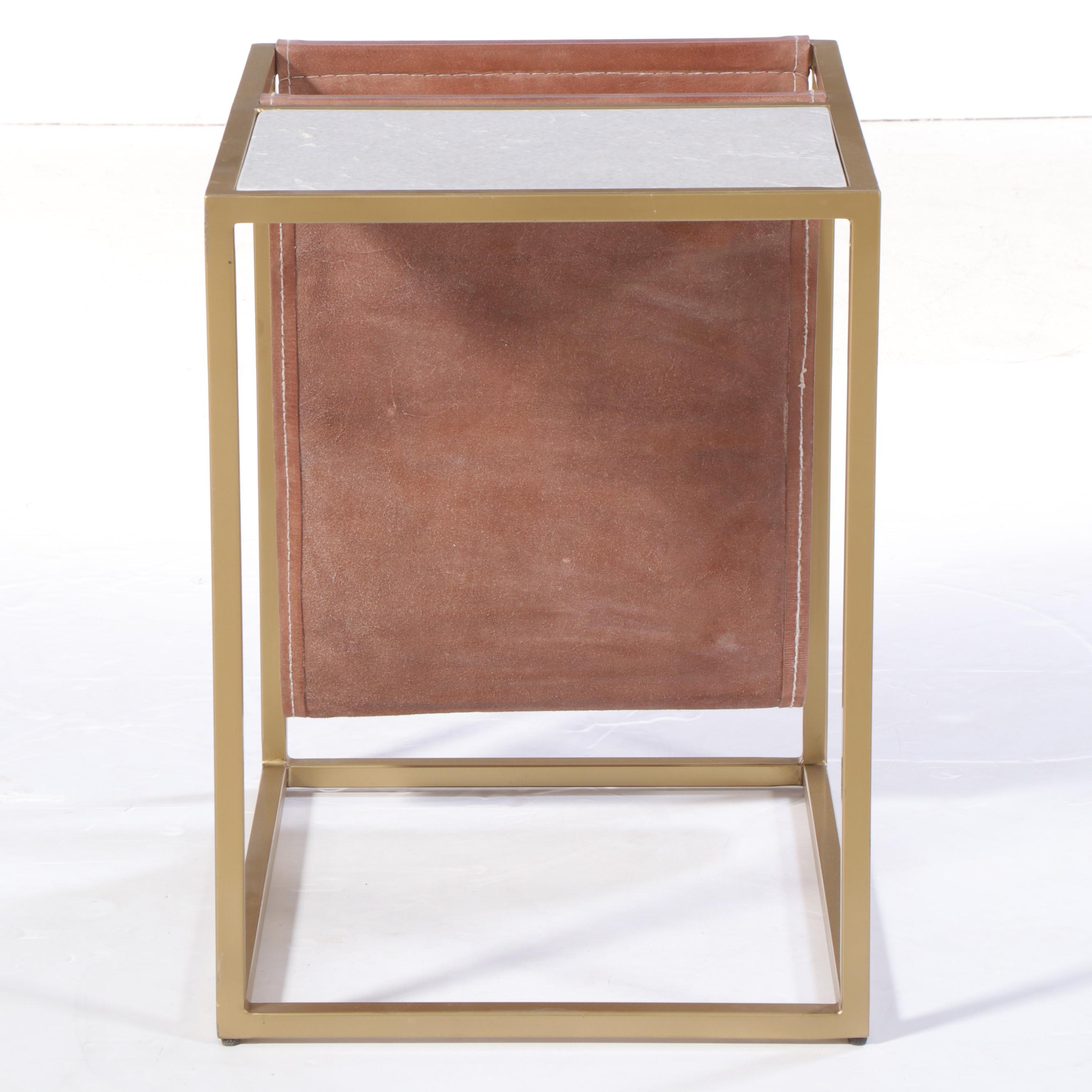 Gold Tone Metal Marble Top Side Table With Leather Magazine Sling