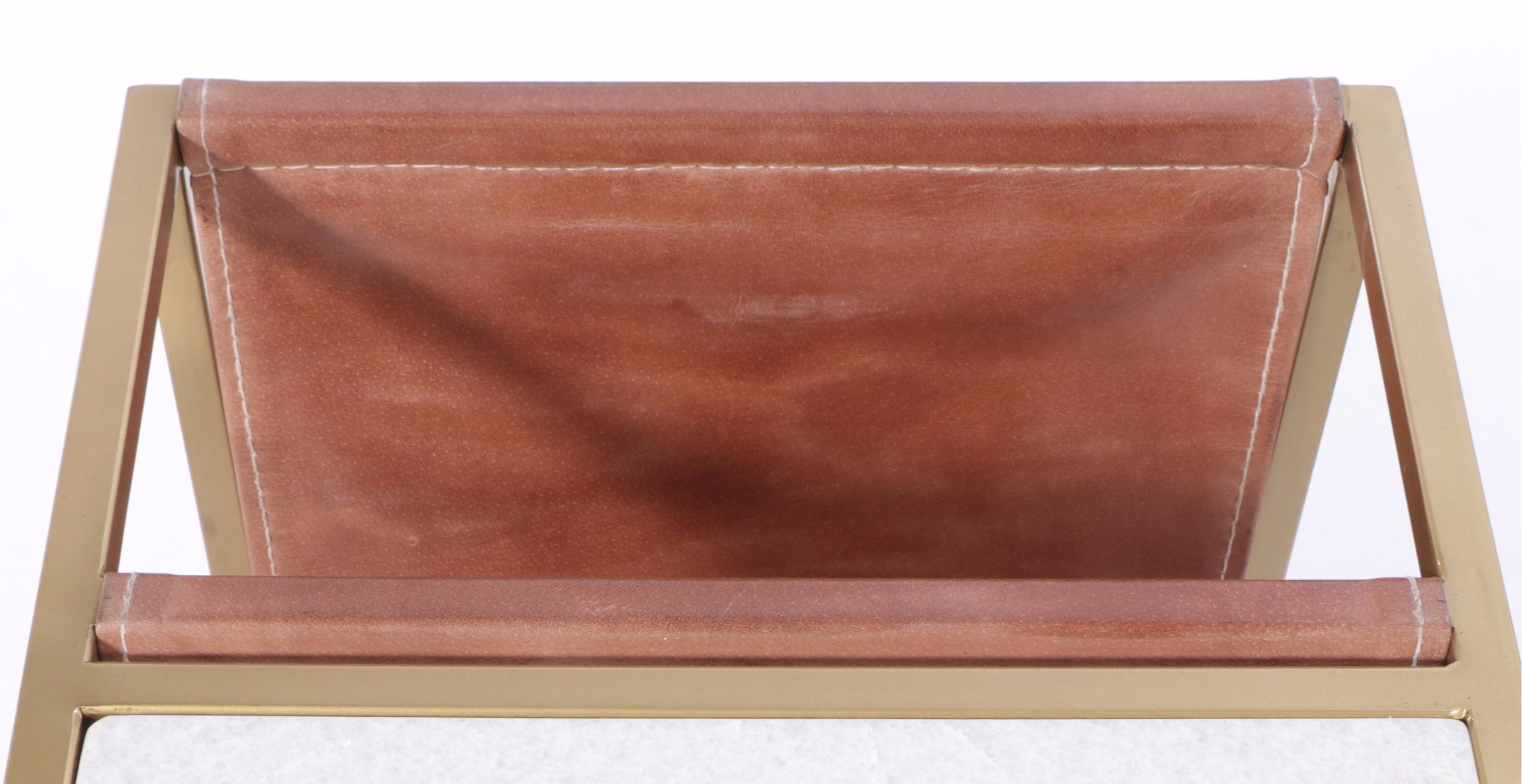 Gold Tone Metal Marble Top Side Table With Leather Magazine Sling