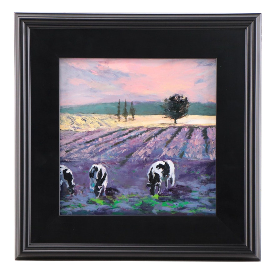 Agnes Rey Oil Painting of Cows in Field "Lavender," 2023