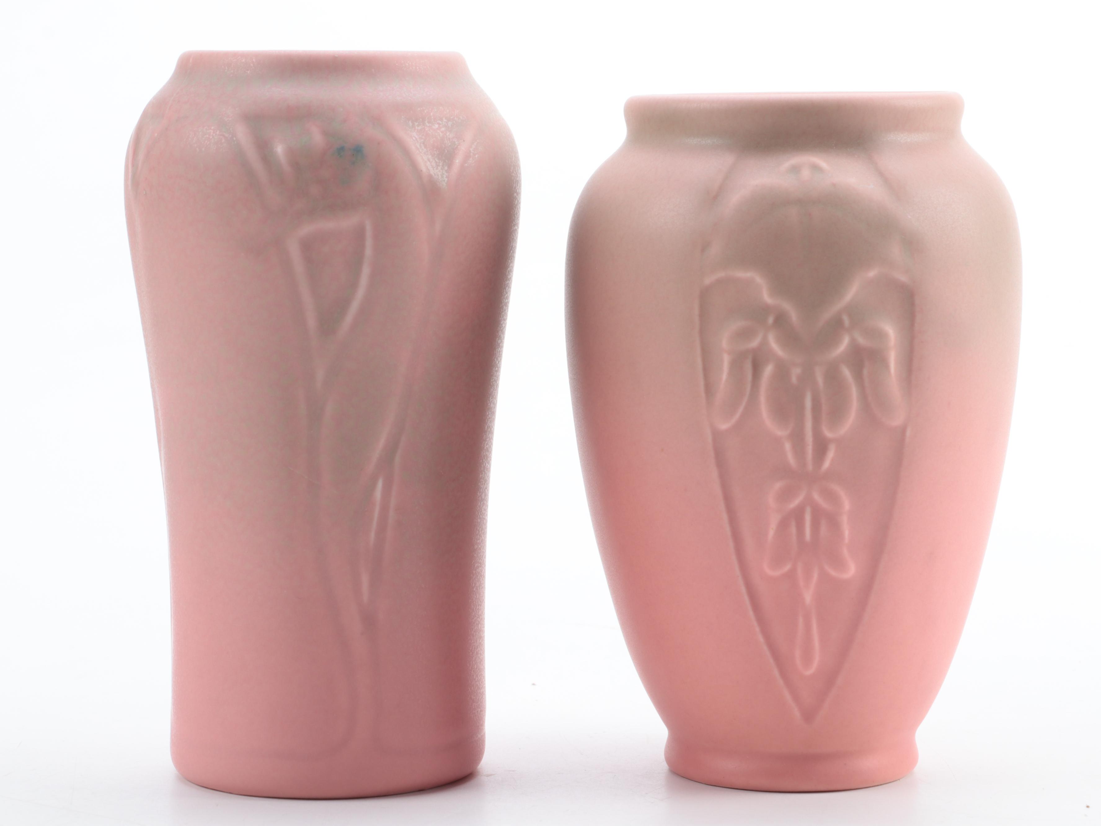 Rookwood Pottery Green and Pink Matte Glaze Vases, Early to Mid 20th Century