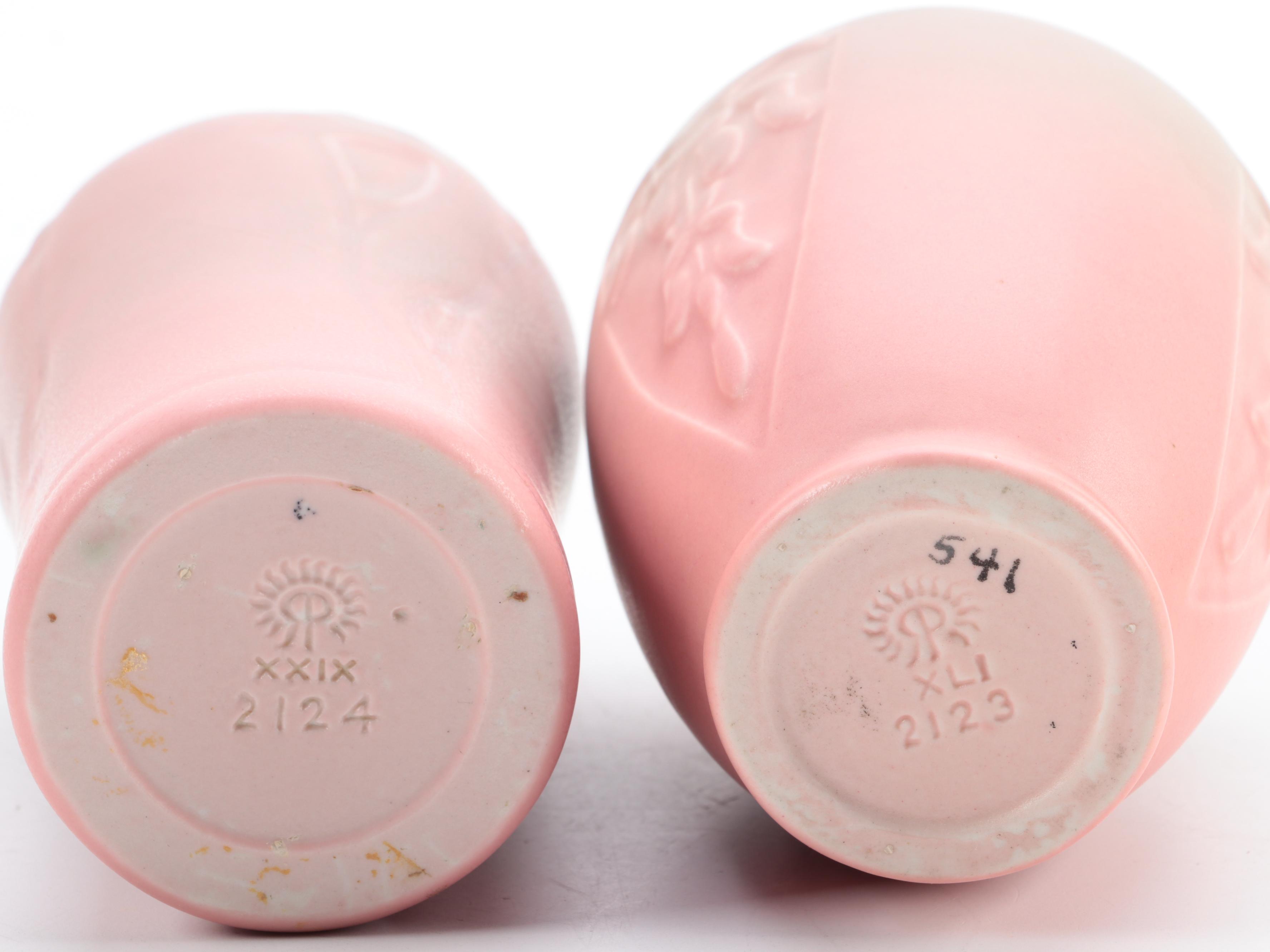 Rookwood Pottery Green and Pink Matte Glaze Vases, Early to Mid 20th Century