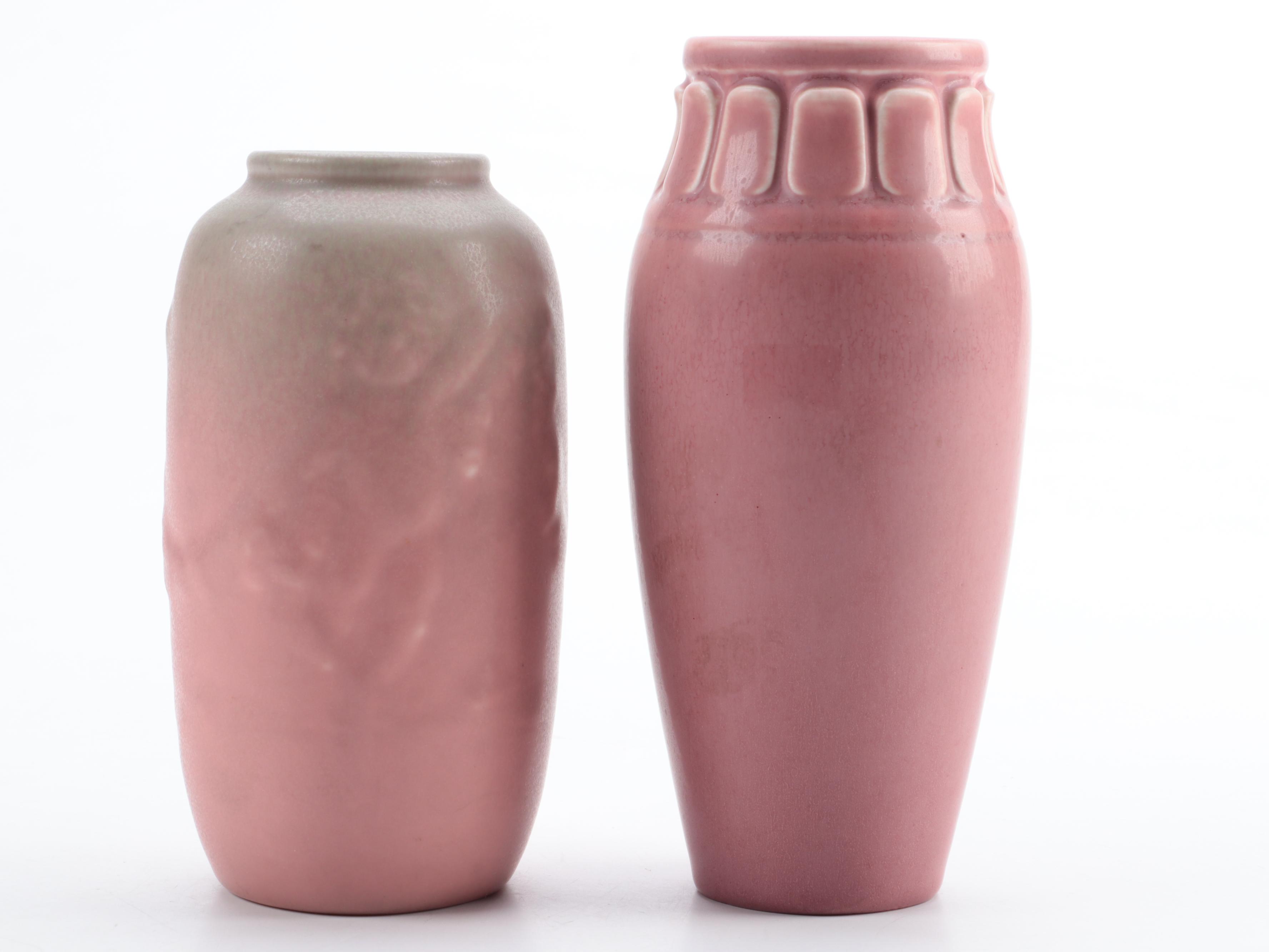 Rookwood Pottery Green and Pink Matte Glaze Vases, Early to Mid 20th Century
