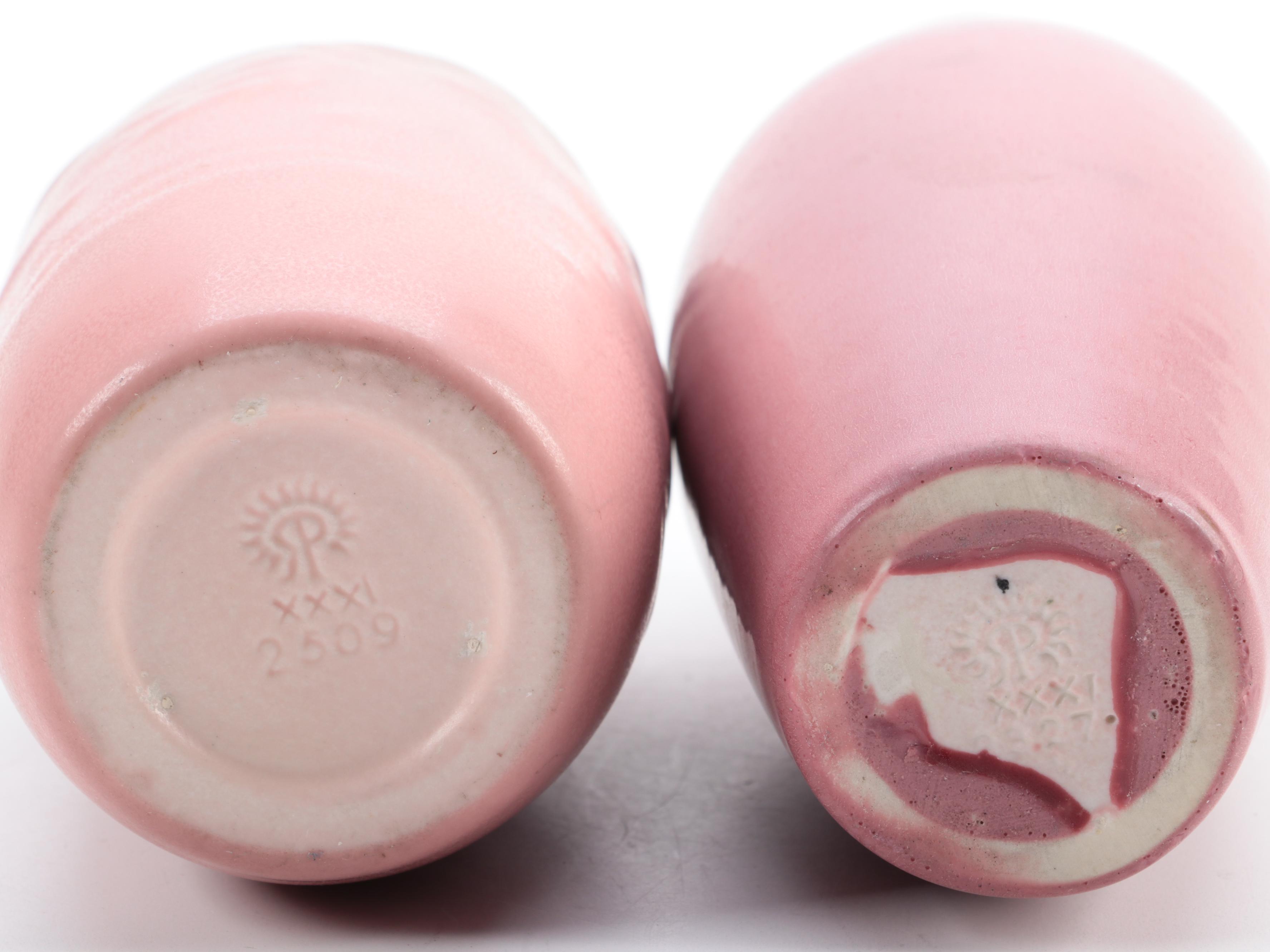 Rookwood Pottery Green and Pink Matte Glaze Vases, Early to Mid 20th Century