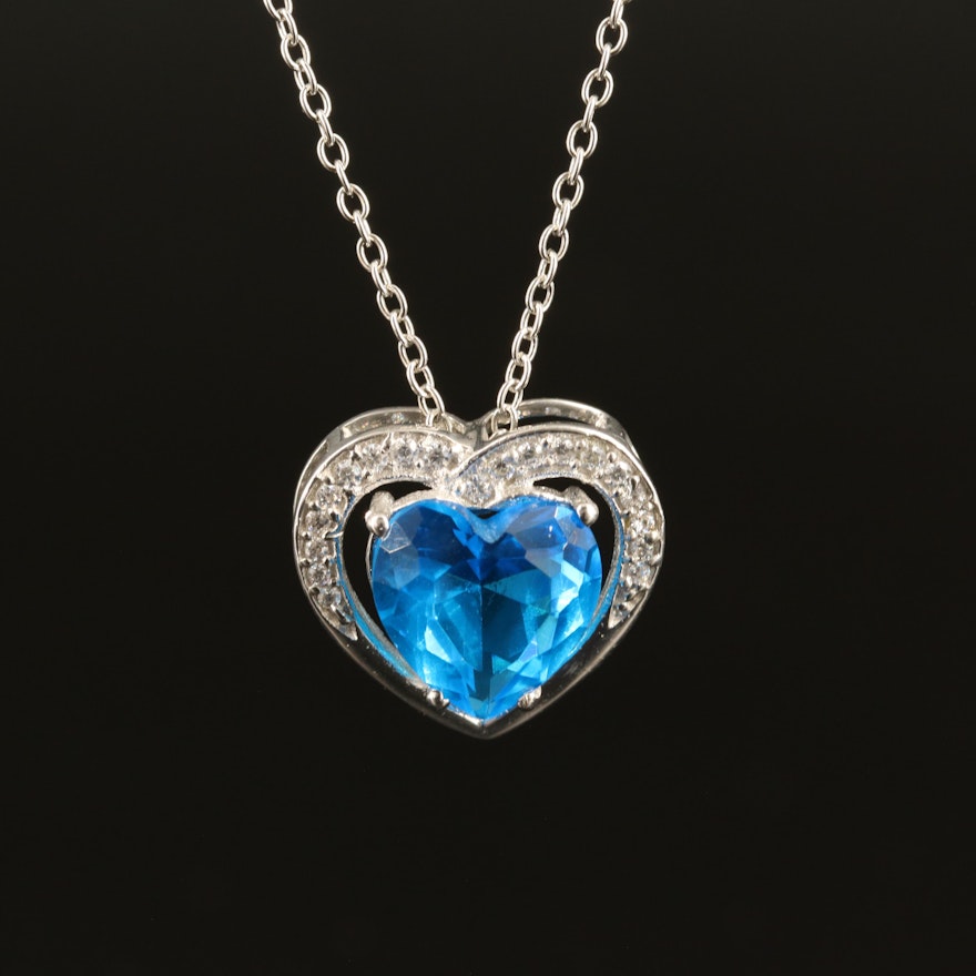 Sterling Glass and Cubic Zirconia Heart Necklace