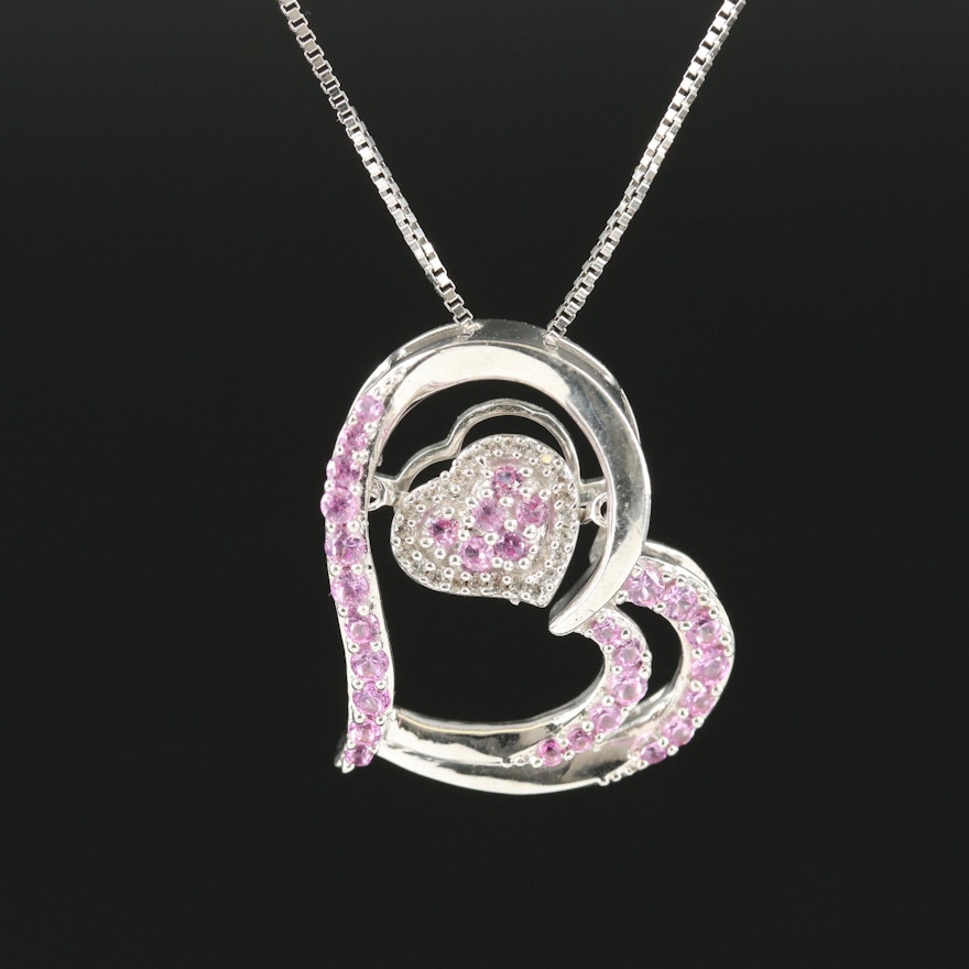 Sterling Sapphire En Tremblant Heart Pendant Necklace