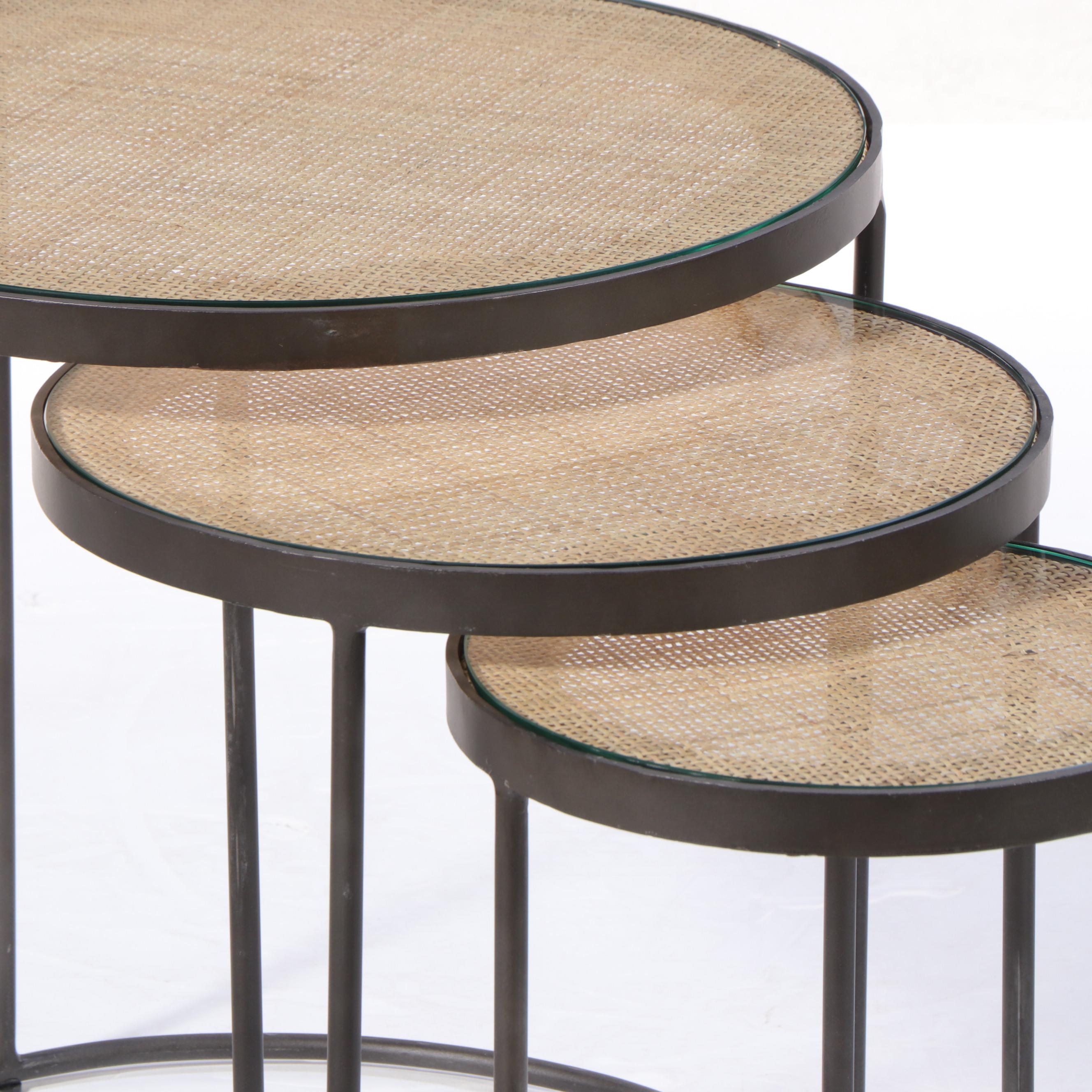 Contemporary Woven Cane Top Metal Nesting Tables