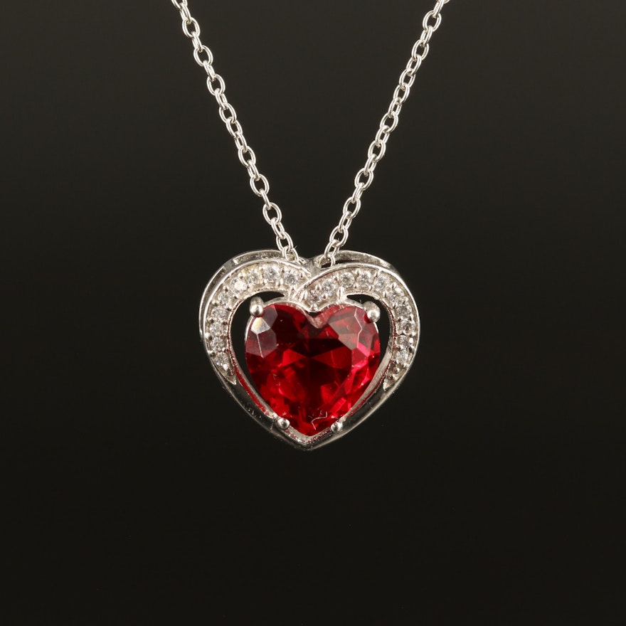 Sterling Glass and Cubic Zirconia Heart Necklace