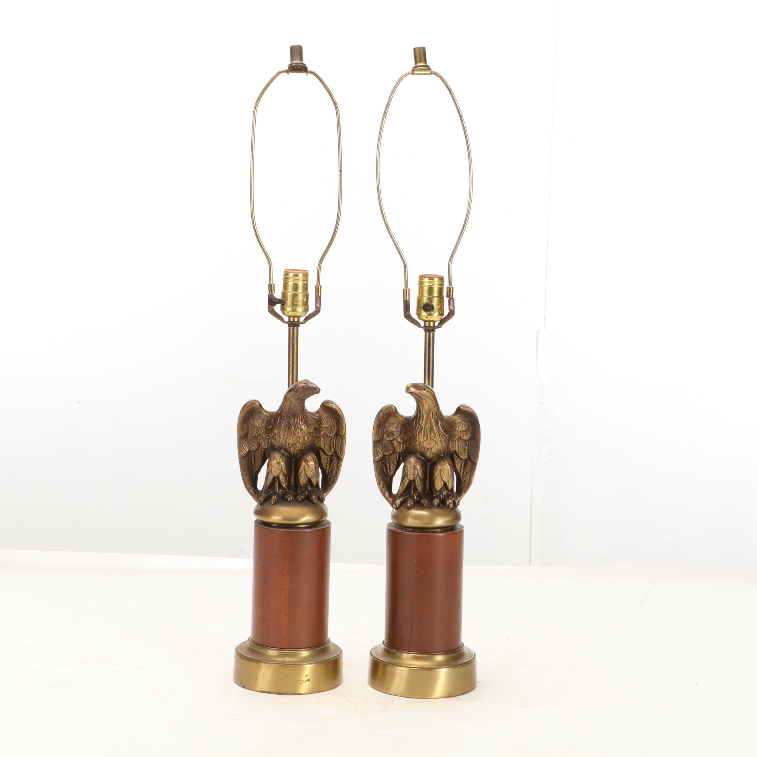 Gilt Finish Federal Eagle Round Mirror With Pair of Federal Eagle Table Lamps