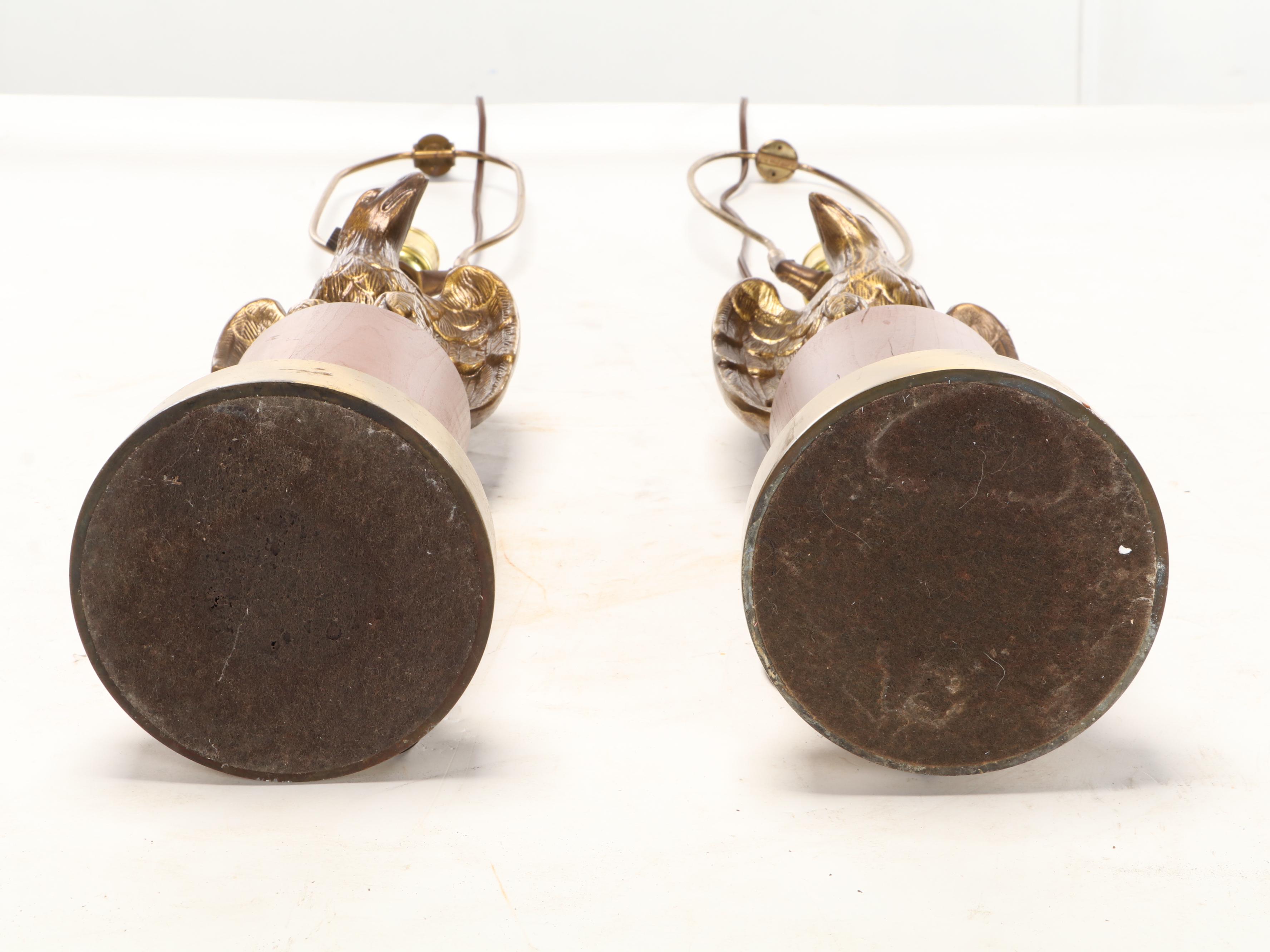 Gilt Finish Federal Eagle Round Mirror With Pair of Federal Eagle Table Lamps