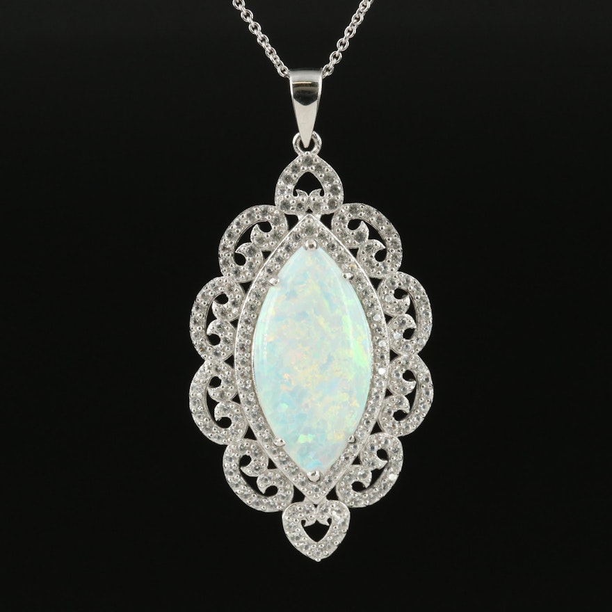 Sterling Opal and White Sapphire Pendant Necklace