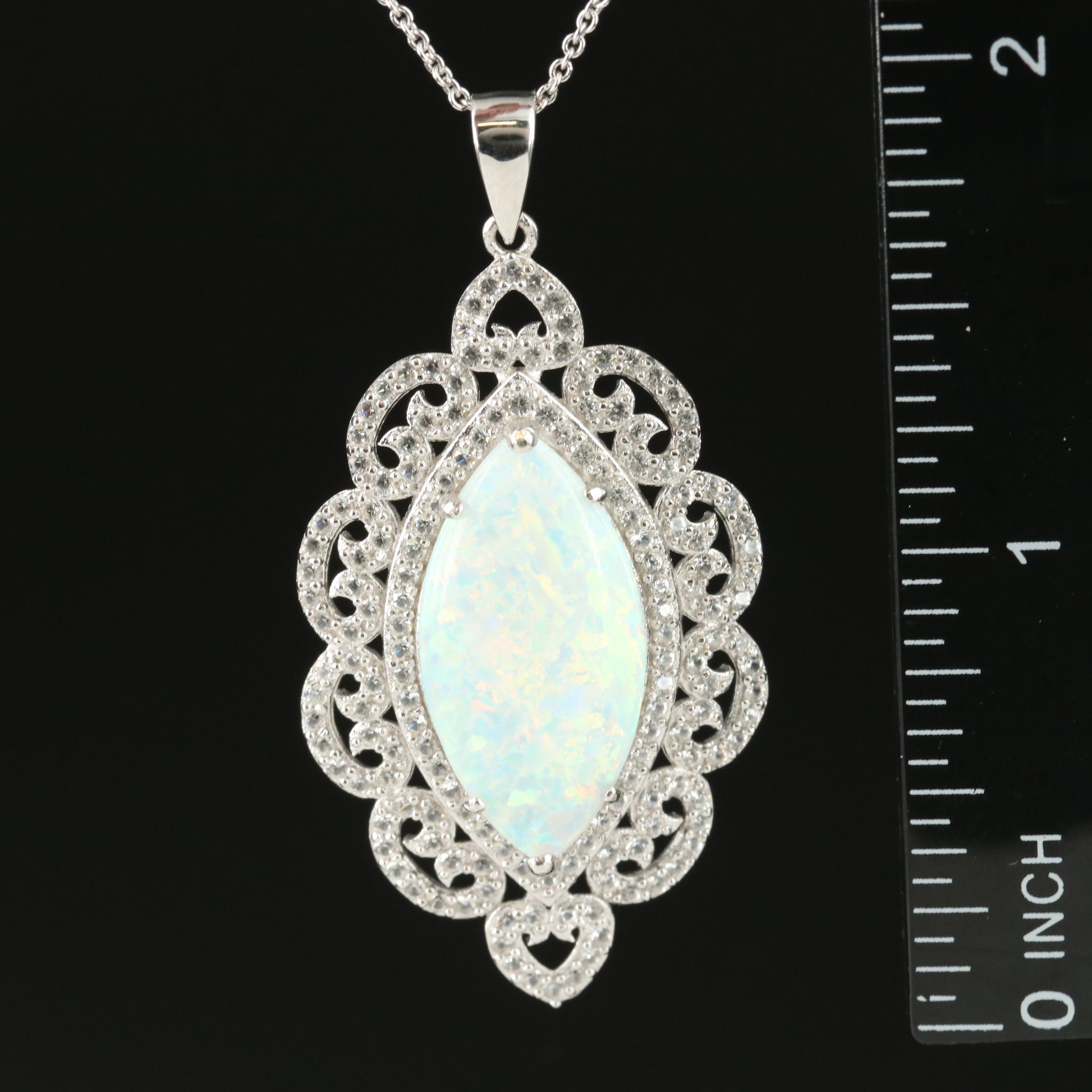 Sterling Opal and White Sapphire Pendant Necklace