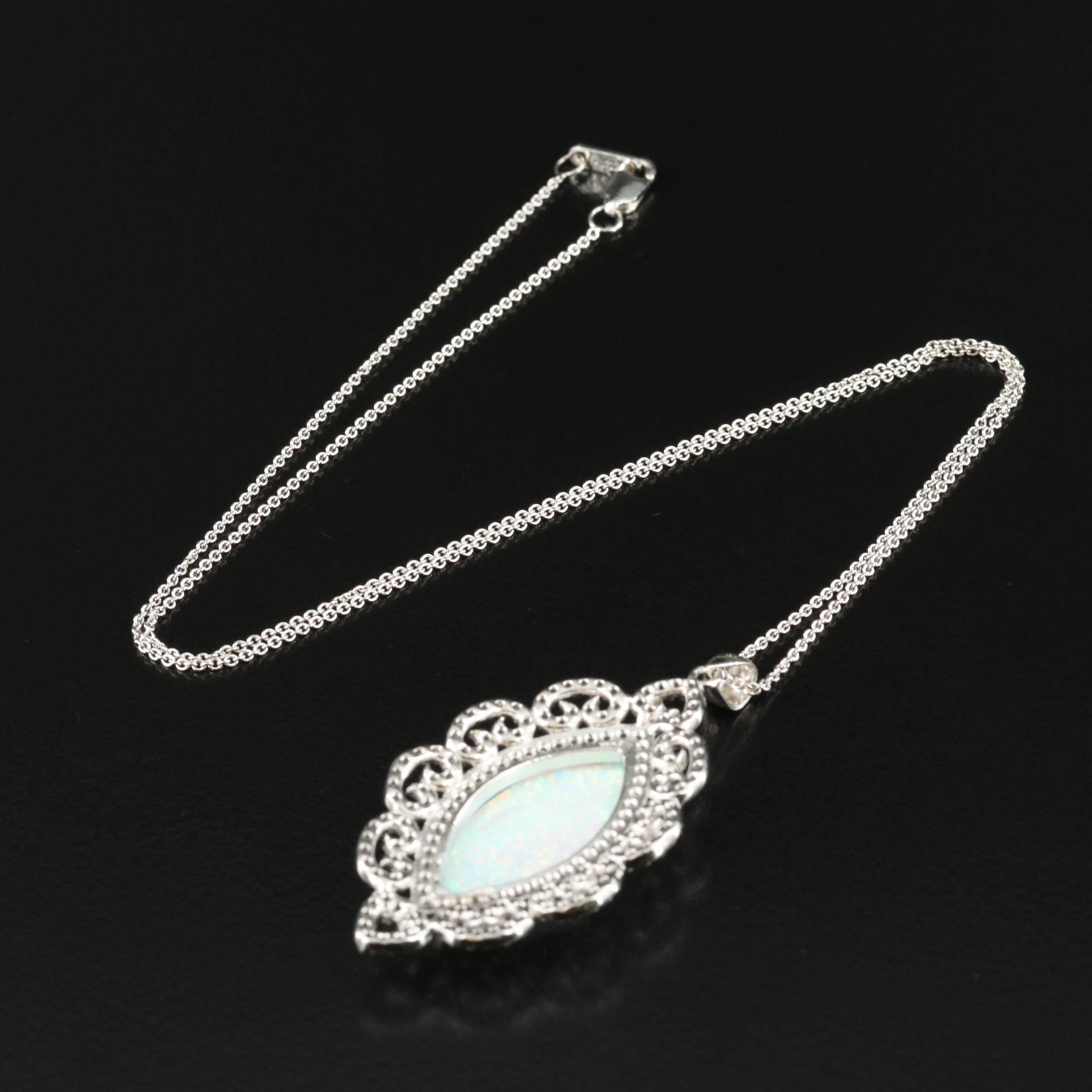Sterling Opal and White Sapphire Pendant Necklace