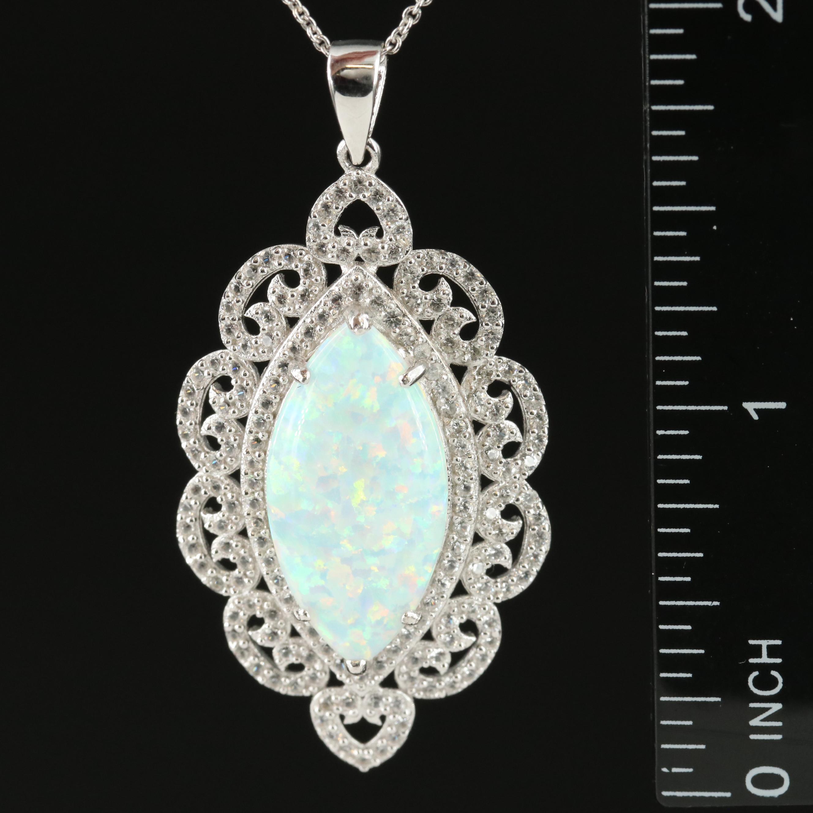 Sterling Opal and White Sapphire Pendant Necklace